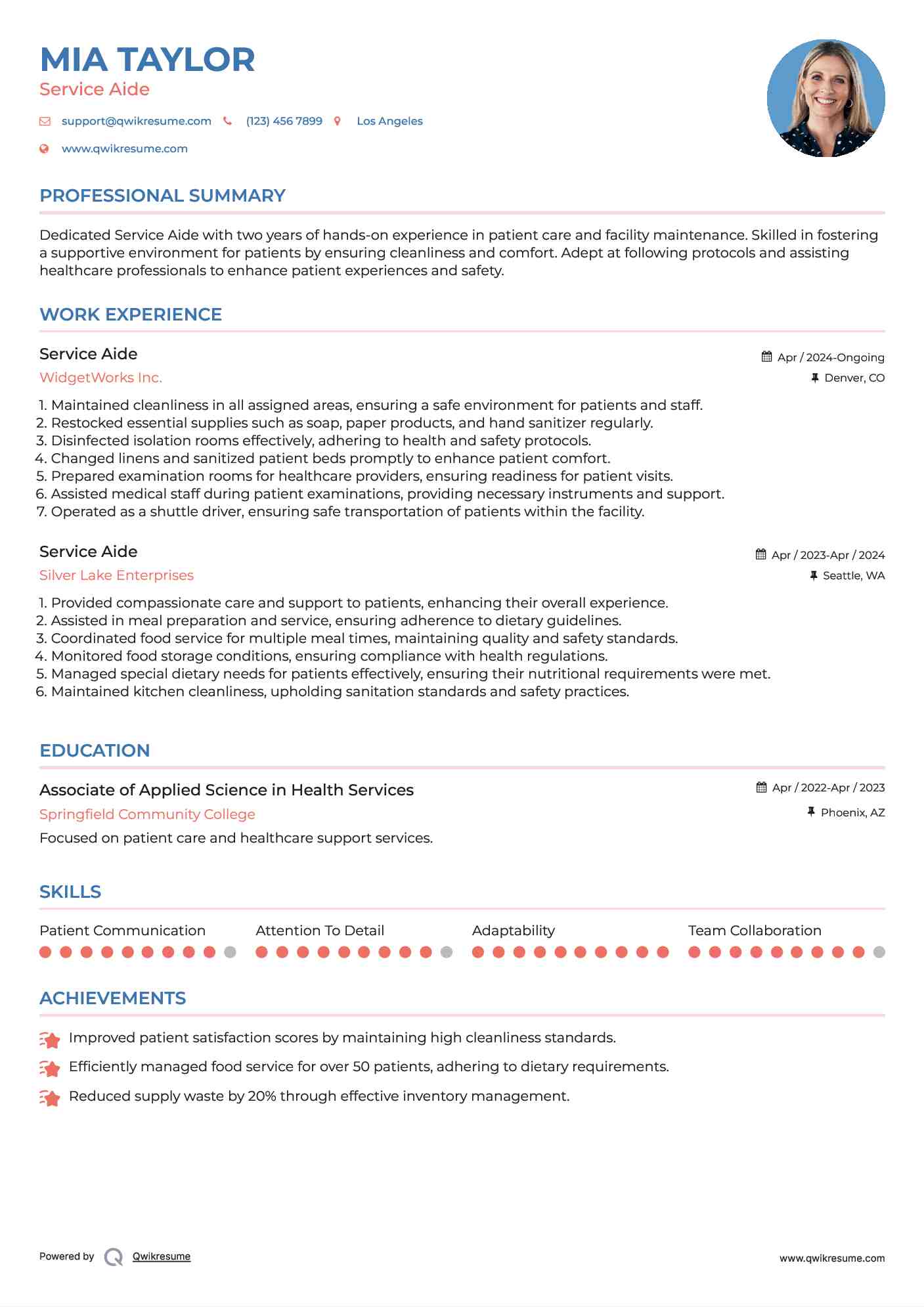 Service Aide Resume Model