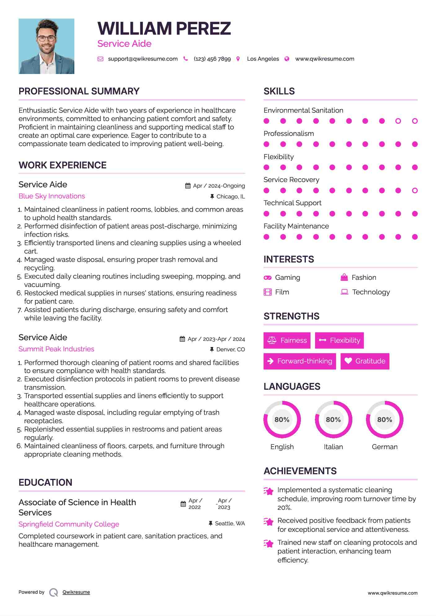 Service Aide Resume Sample