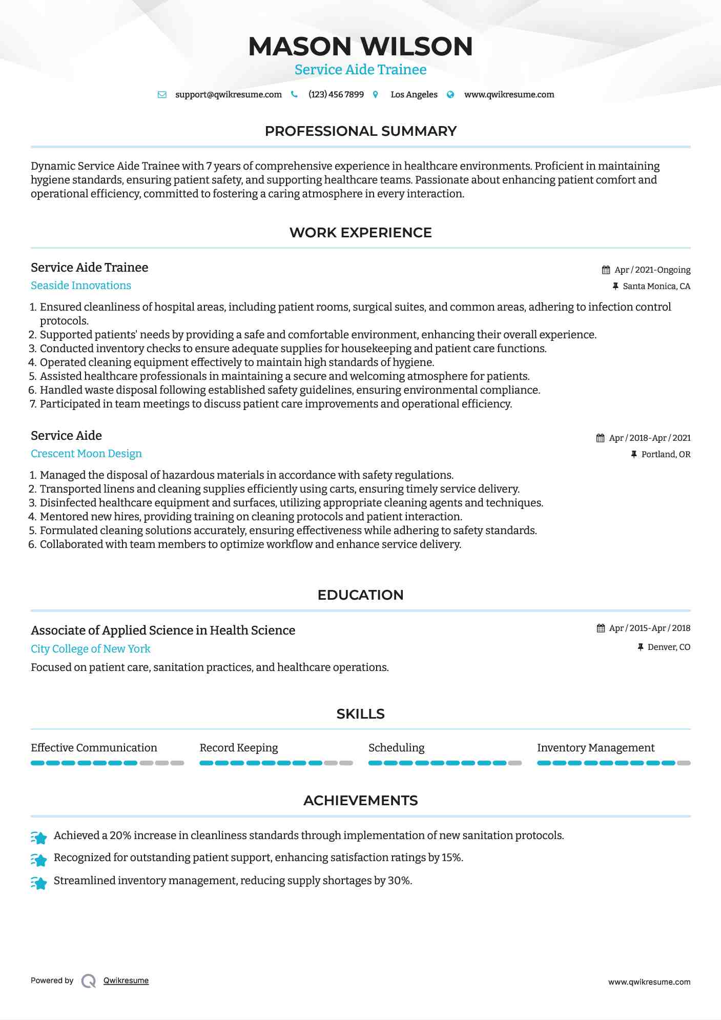 Service Aide Trainee Resume Example