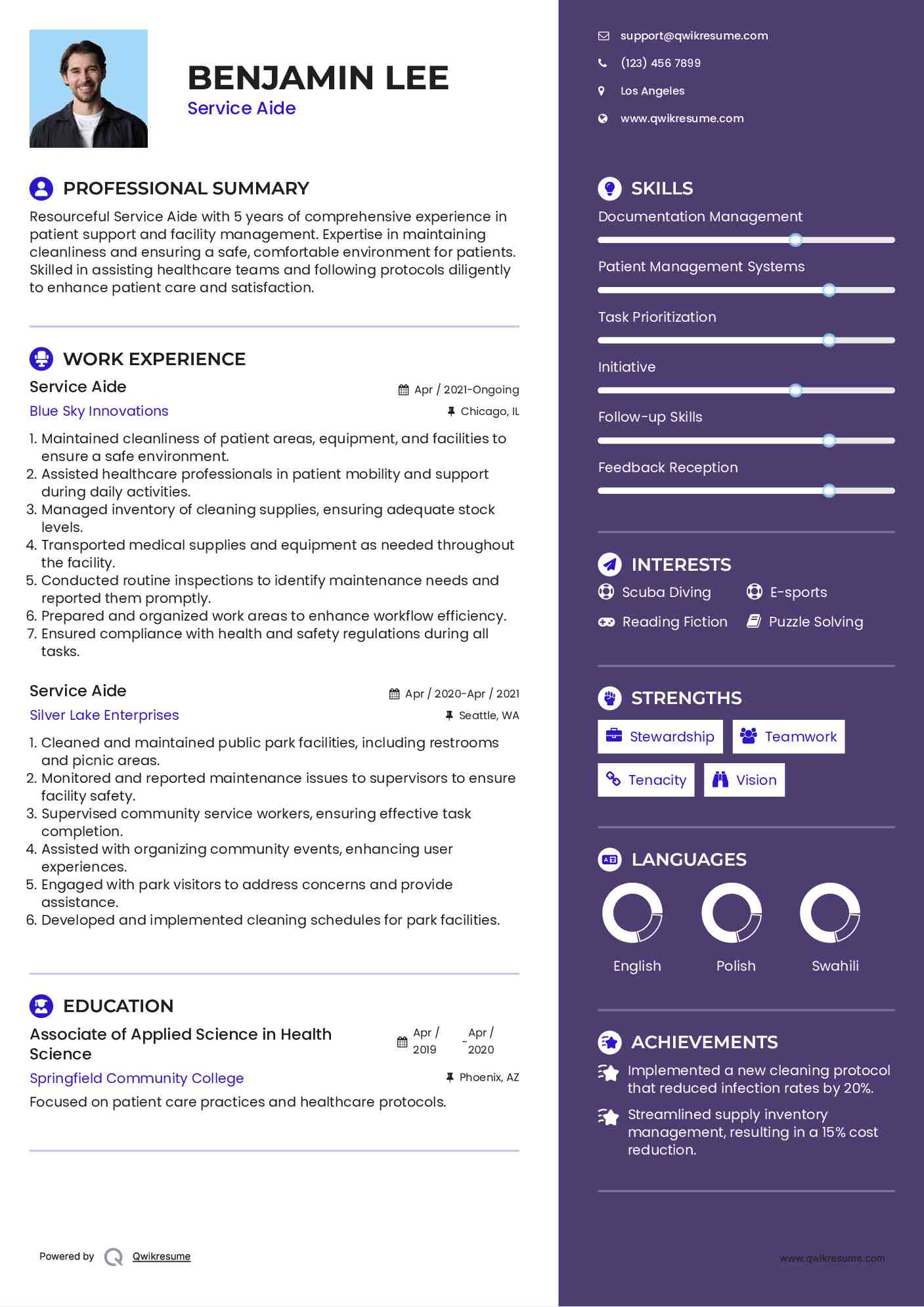 Service Aide Resume Sample