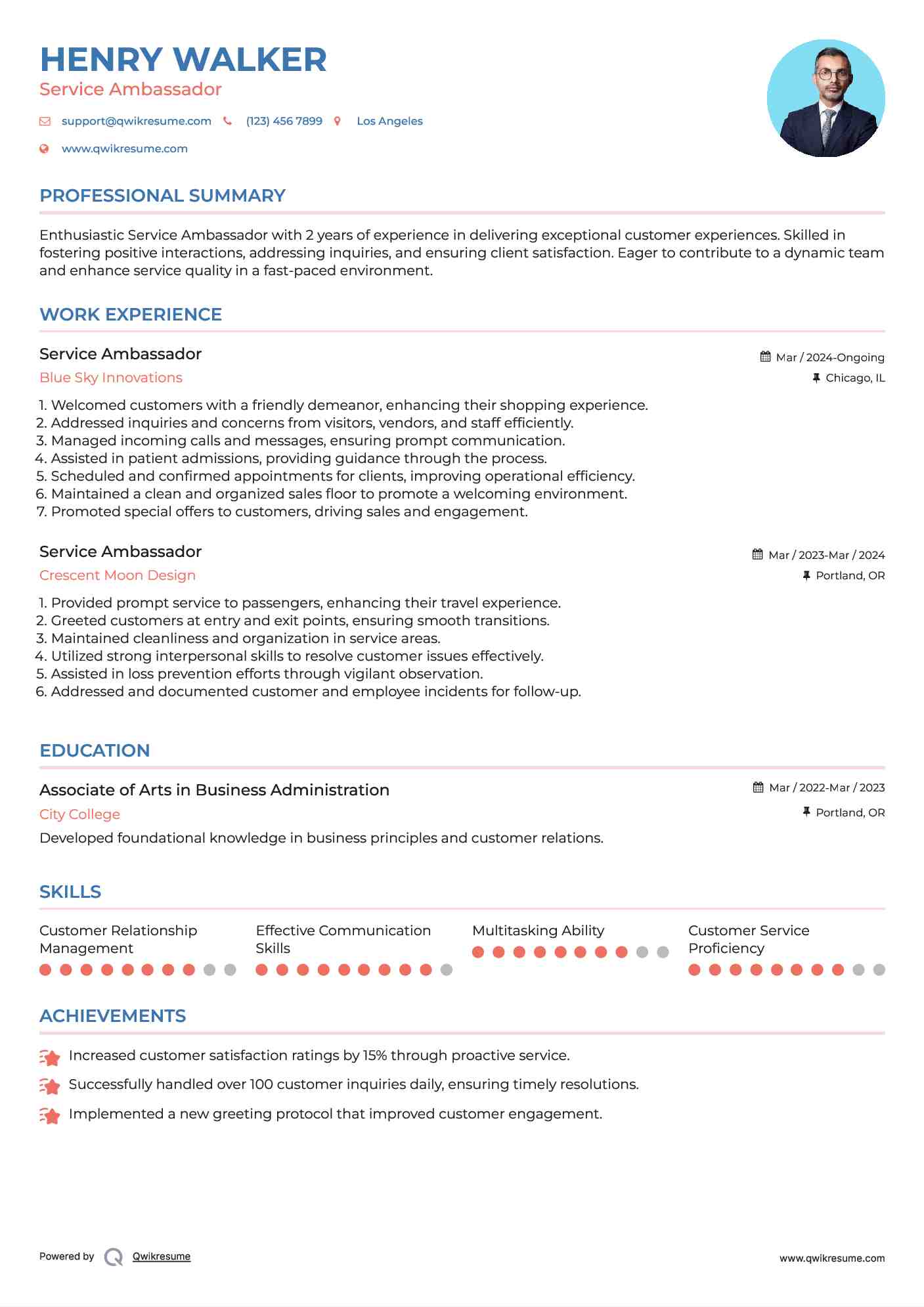 Service Ambassador Resume Model