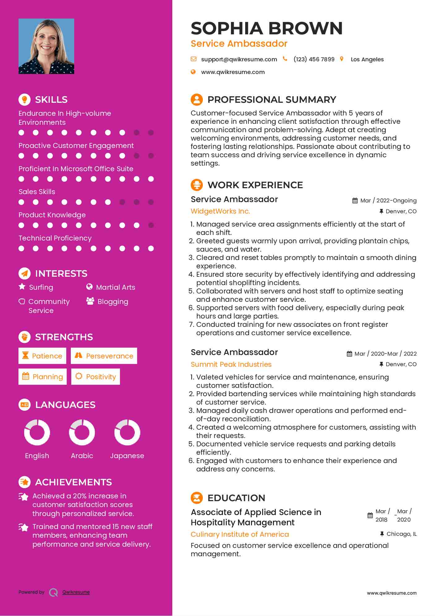 Service Ambassador Resume Sample