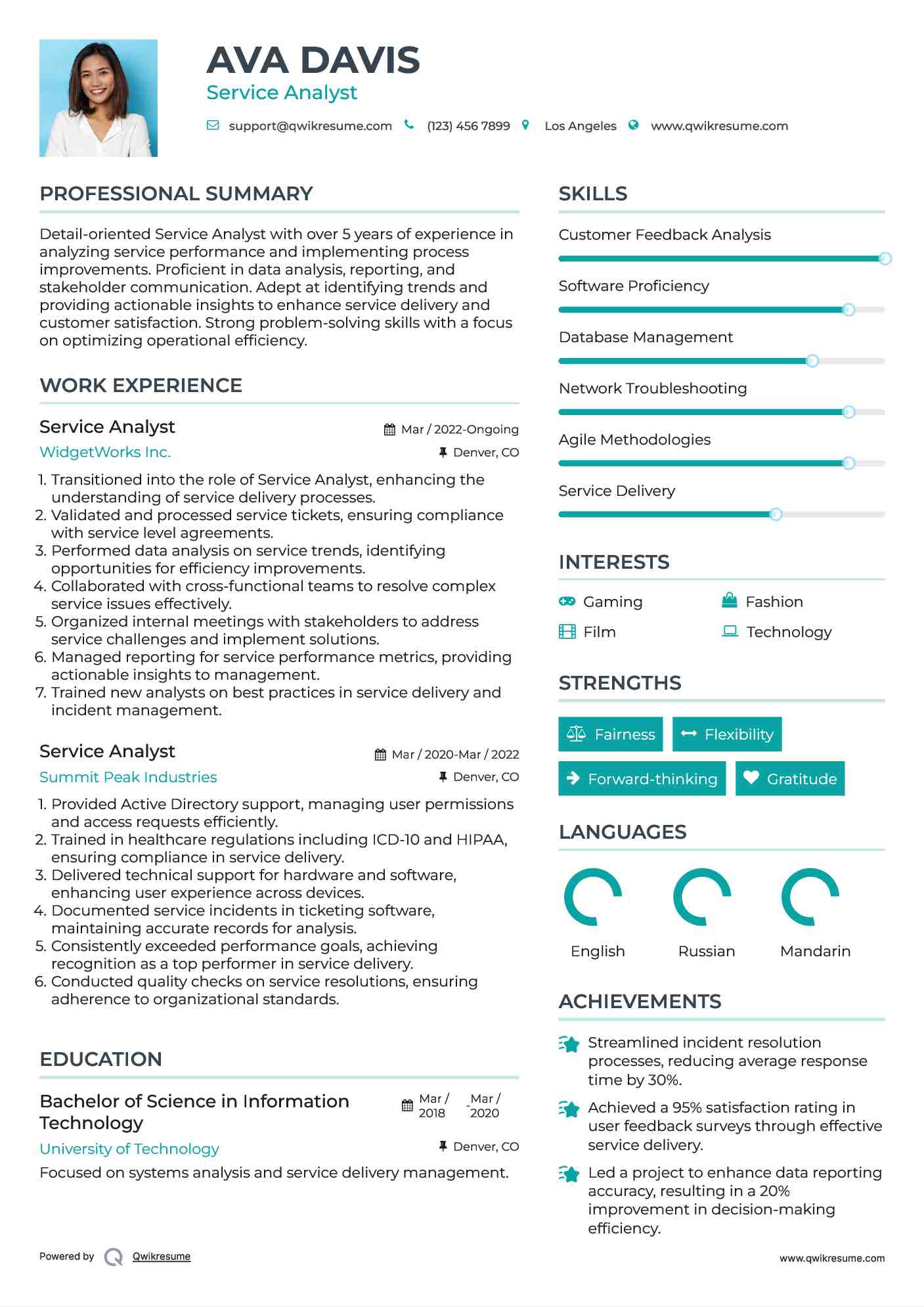 Service Analyst Resume Format