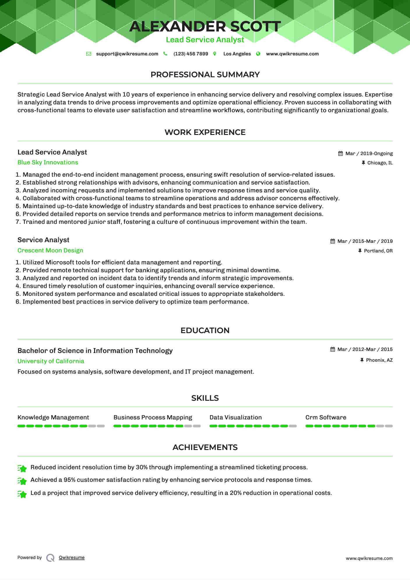 Lead Service Analyst Resume Model