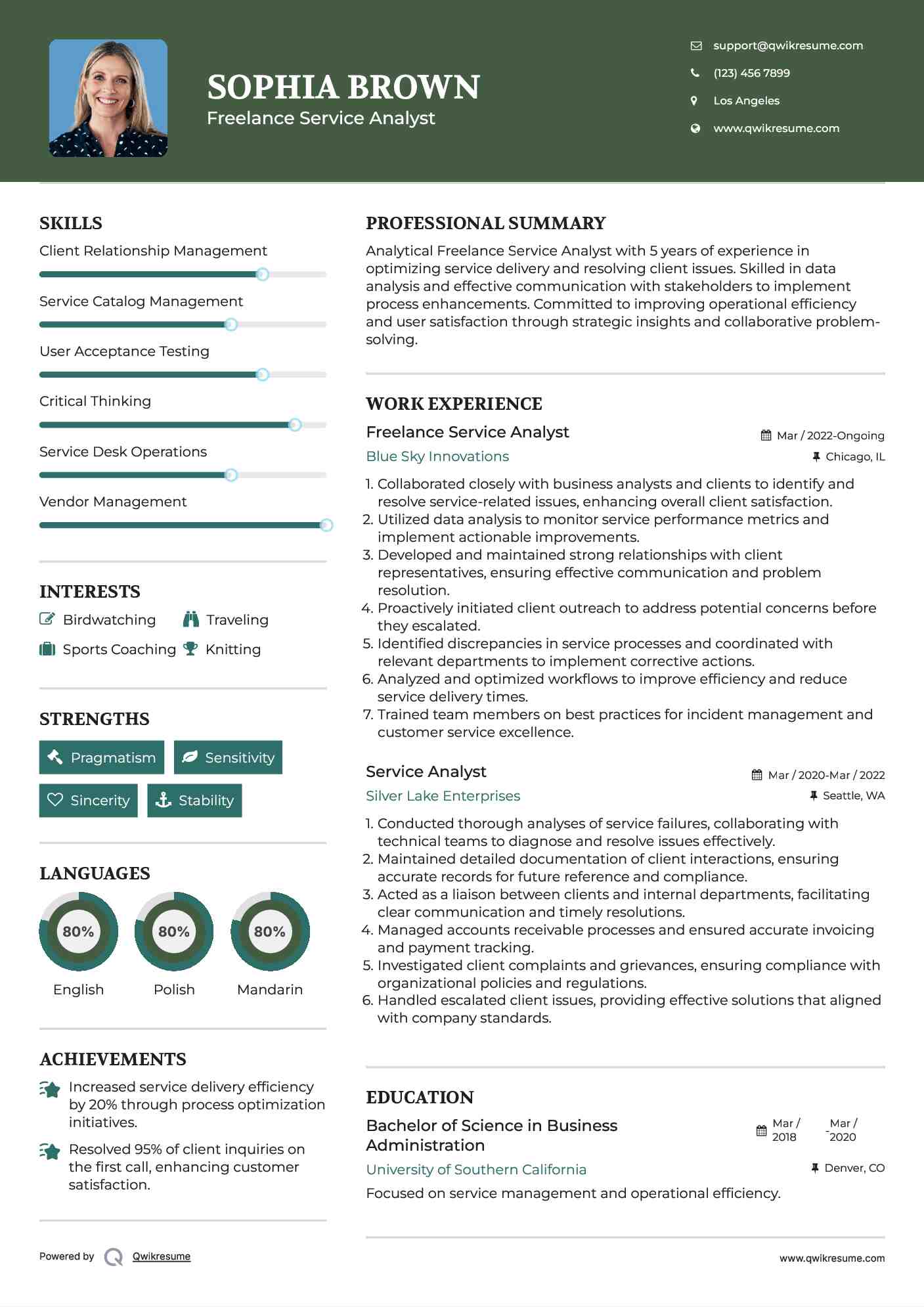 Freelance Service Analyst Resume Model