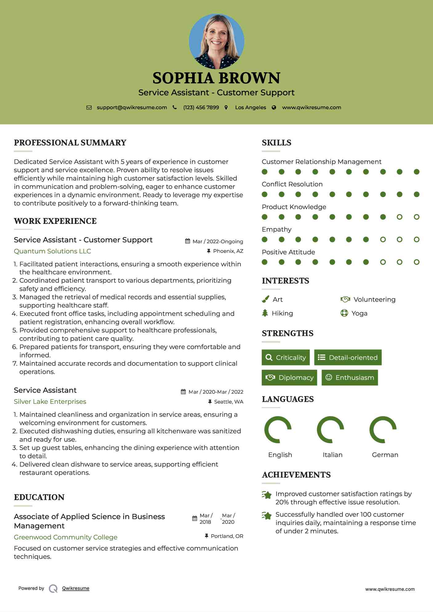 Service Assistant - Customer Support Resume Format