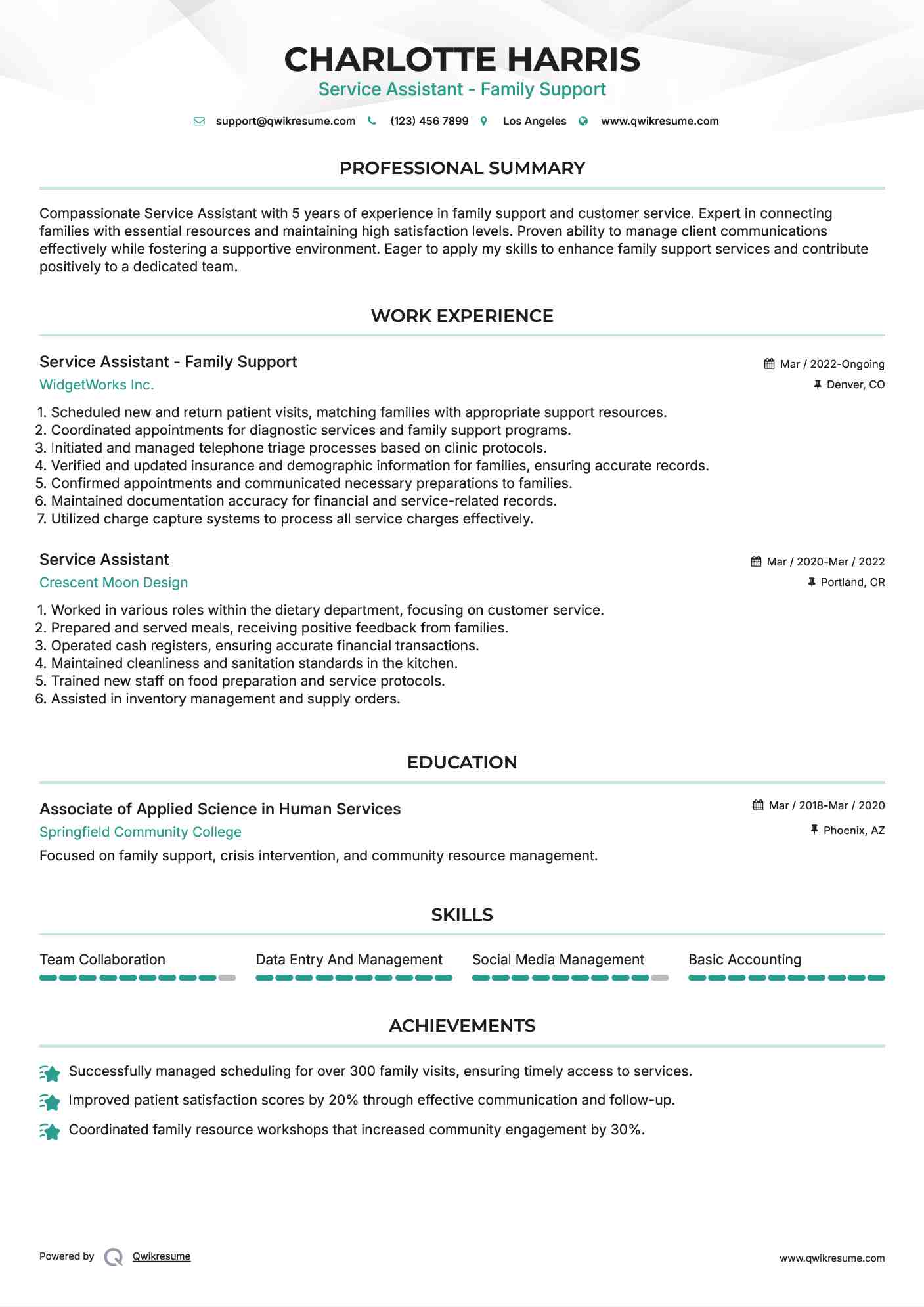 Service Assistant - Family Support Resume Model