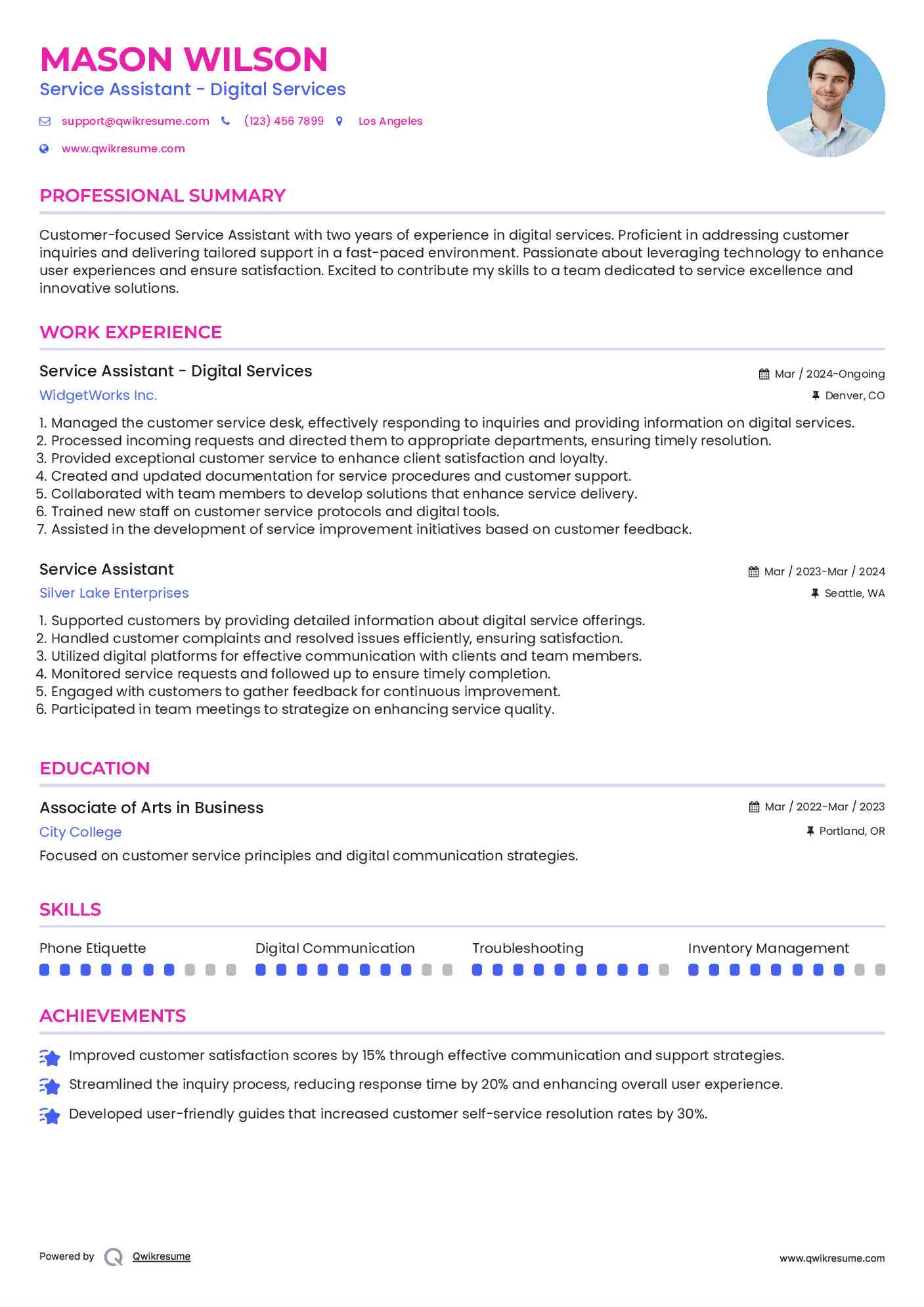 Service Assistant - Digital Services Resume Example