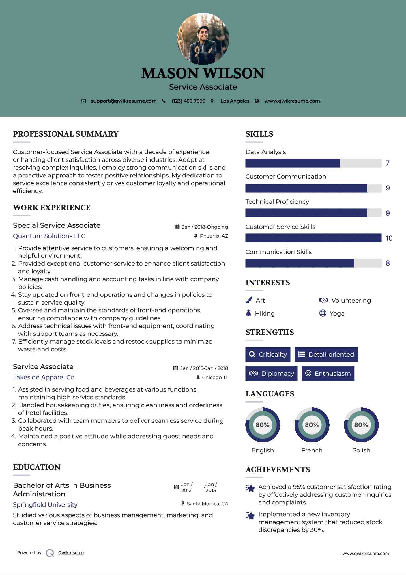 Special Service Associate Resume Sample