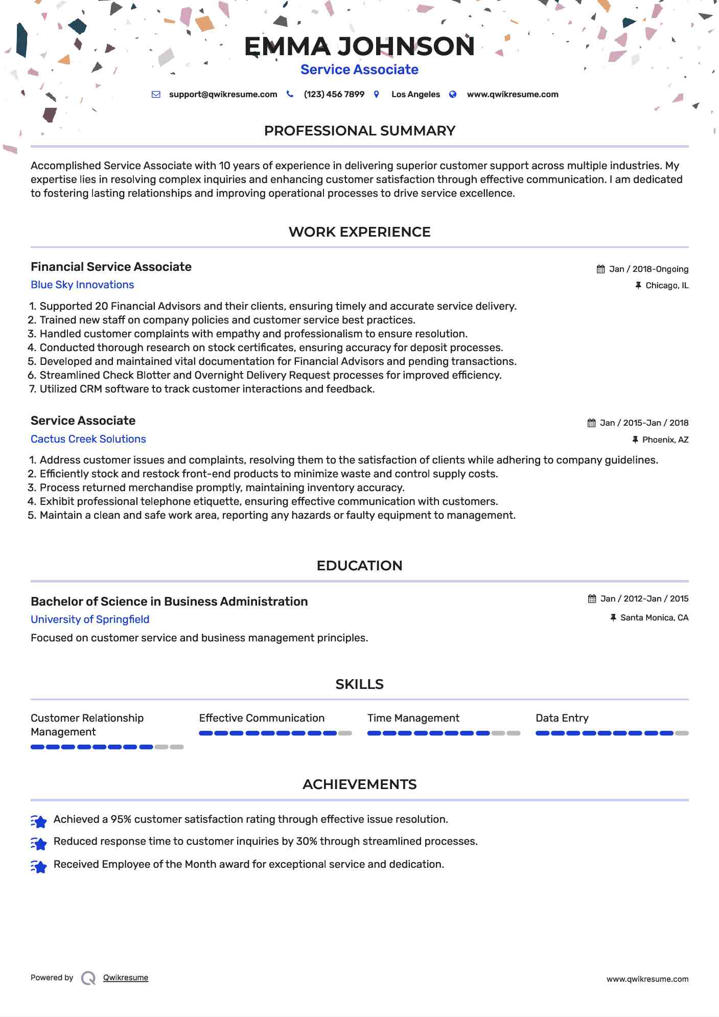 Financial Service Associate Resume Model