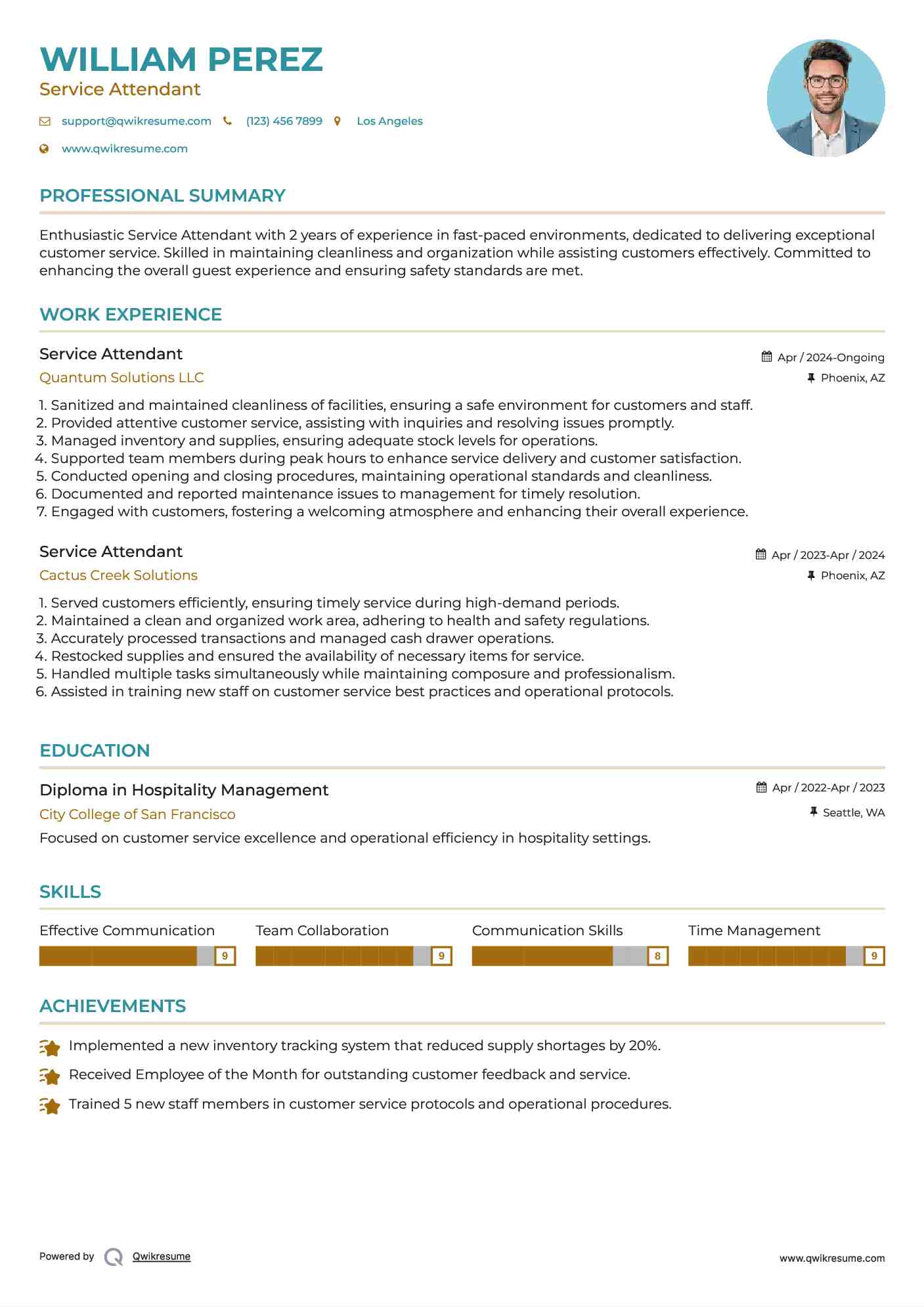 Service Attendant Resume Model