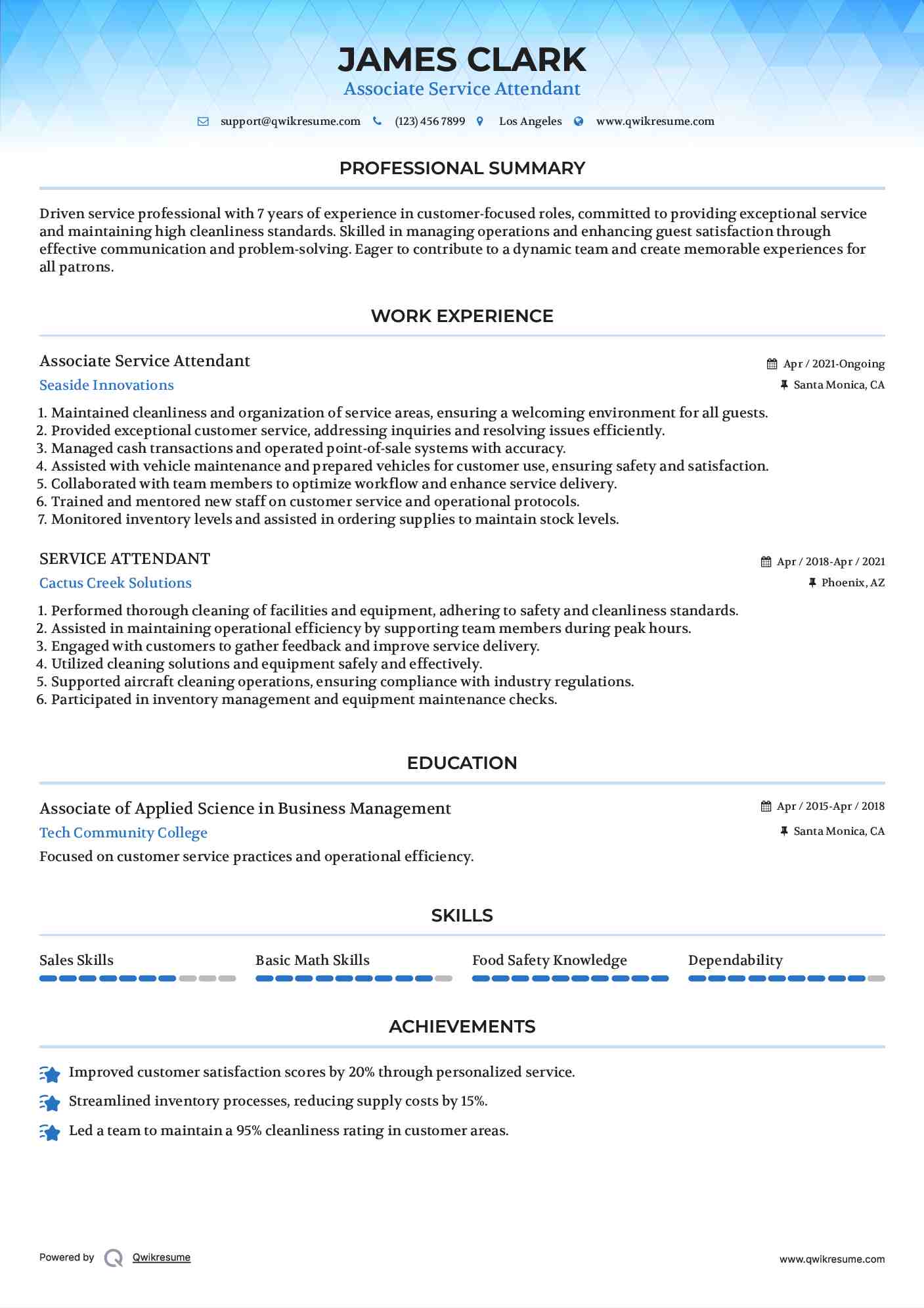 Associate Service Attendant Resume Example