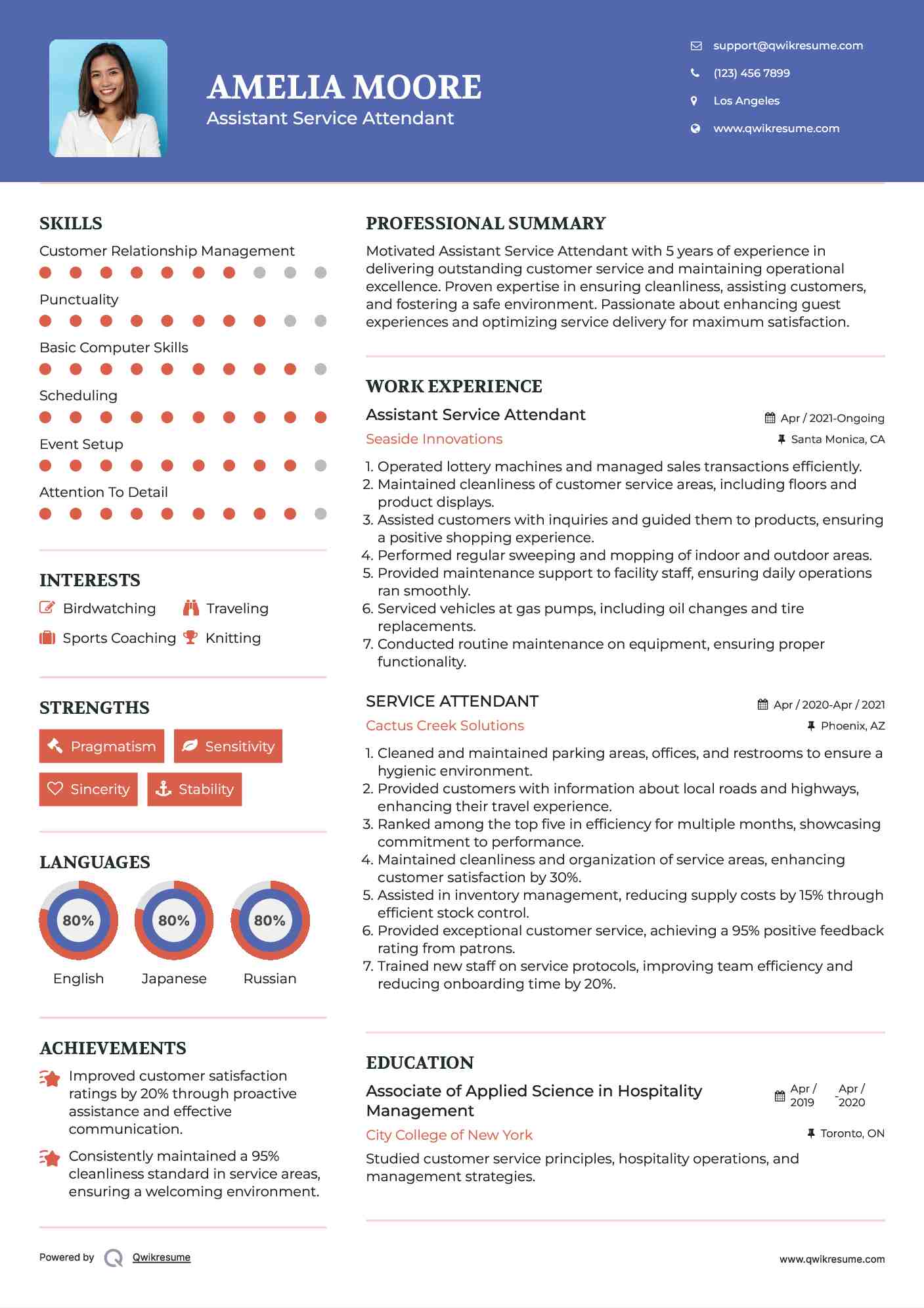 Assistant Service Attendant Resume Sample