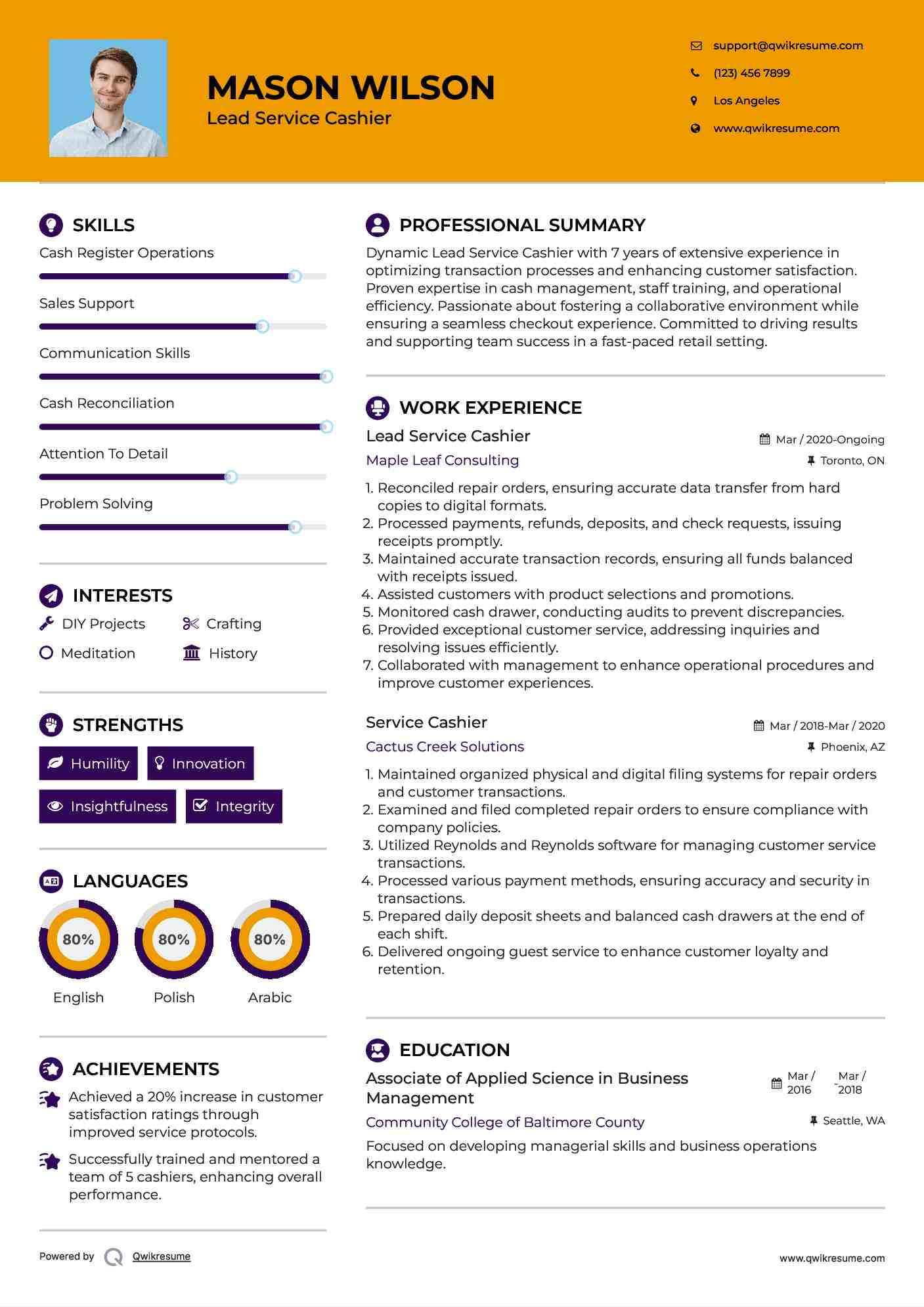 Lead Service Cashier  Resume Model