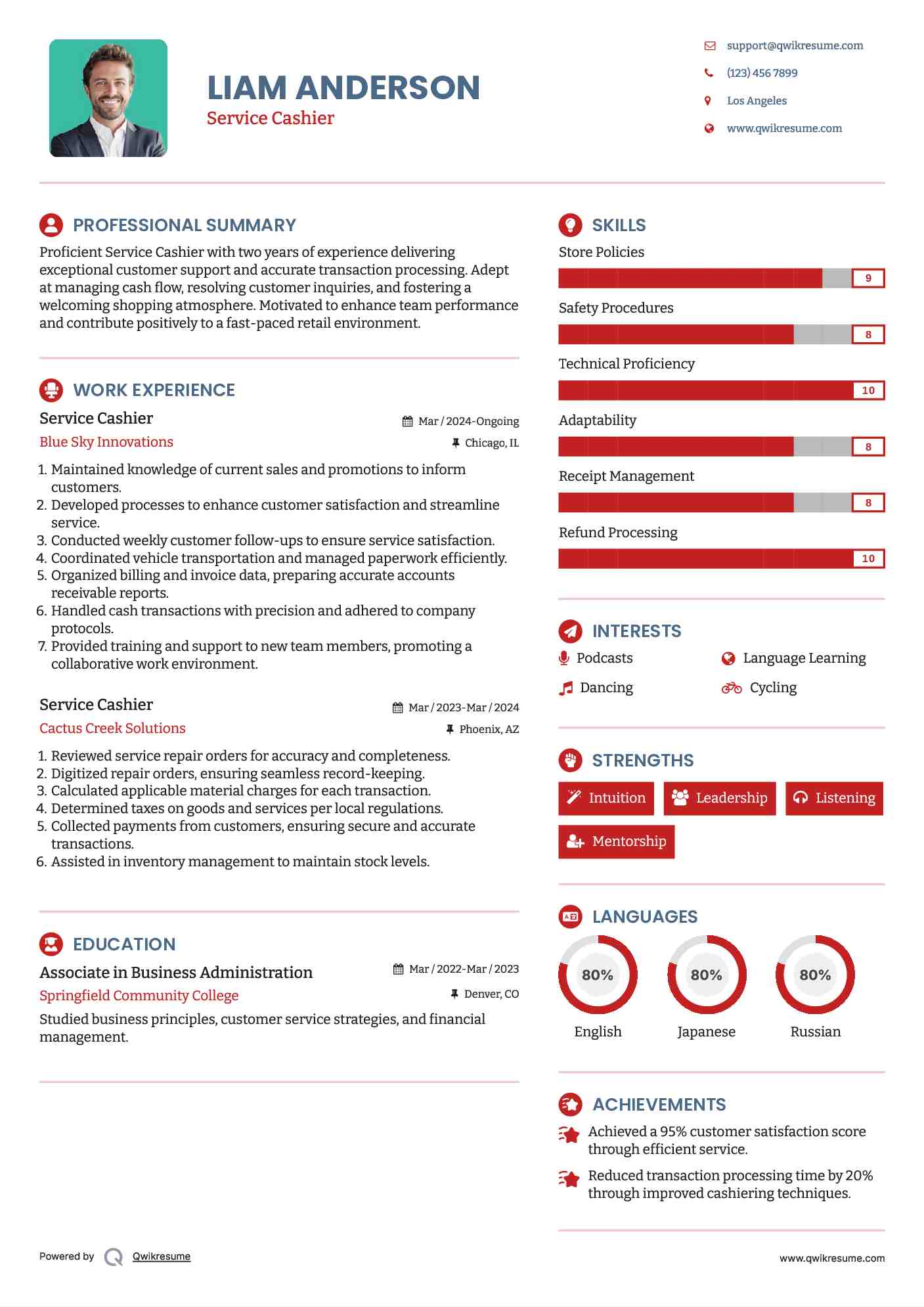 Service Cashier Resume Template