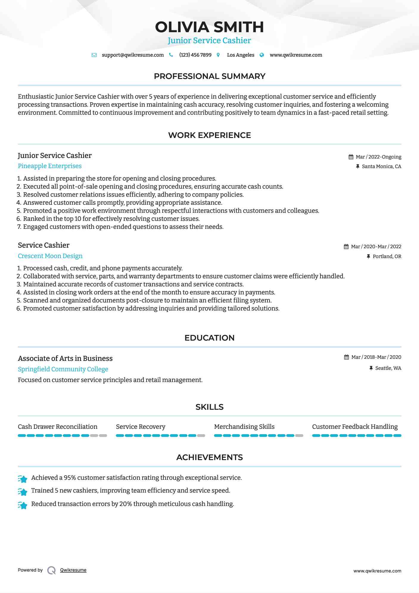 Junior Service Cashier Resume Template