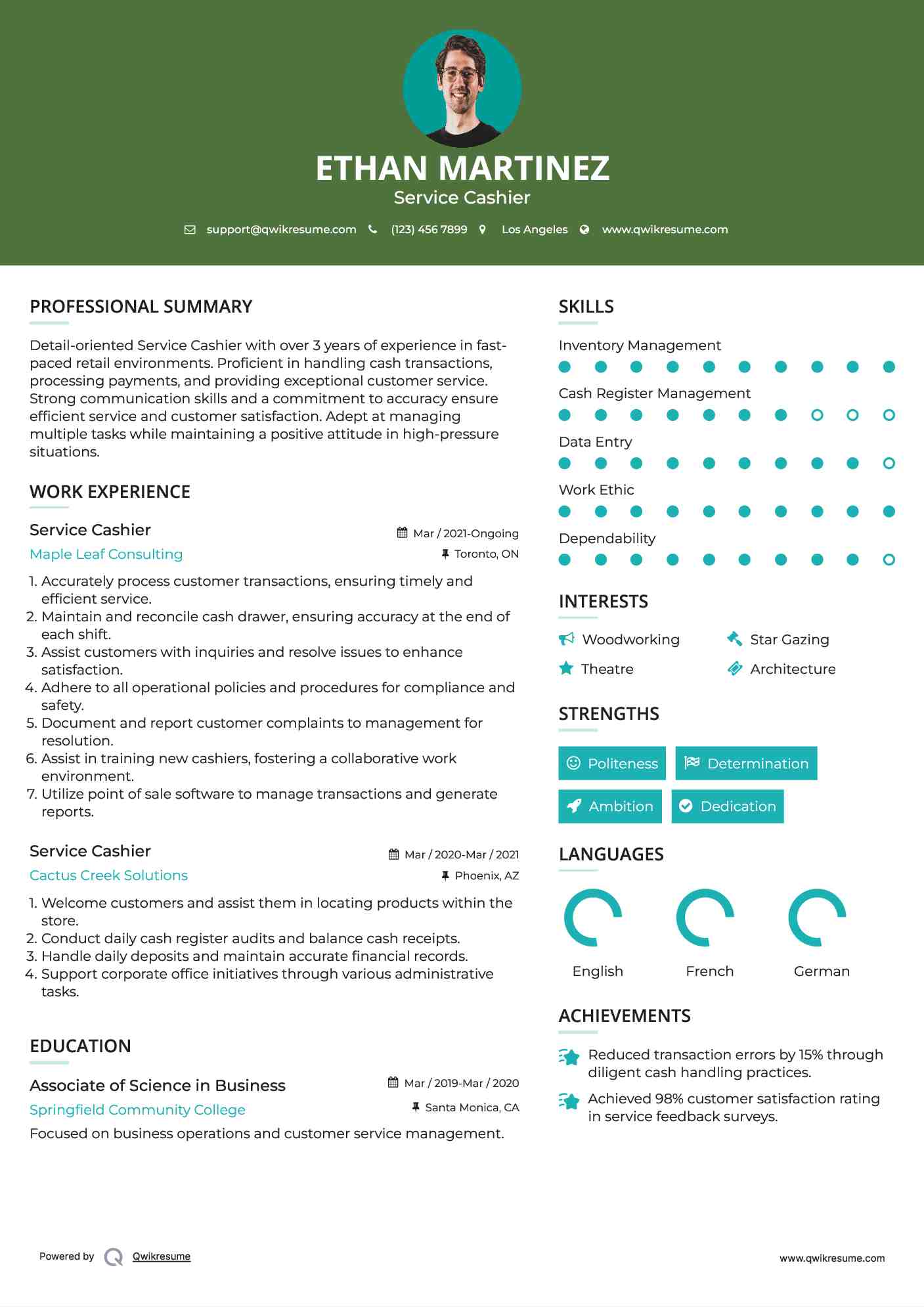 Service Cashier Resume Format