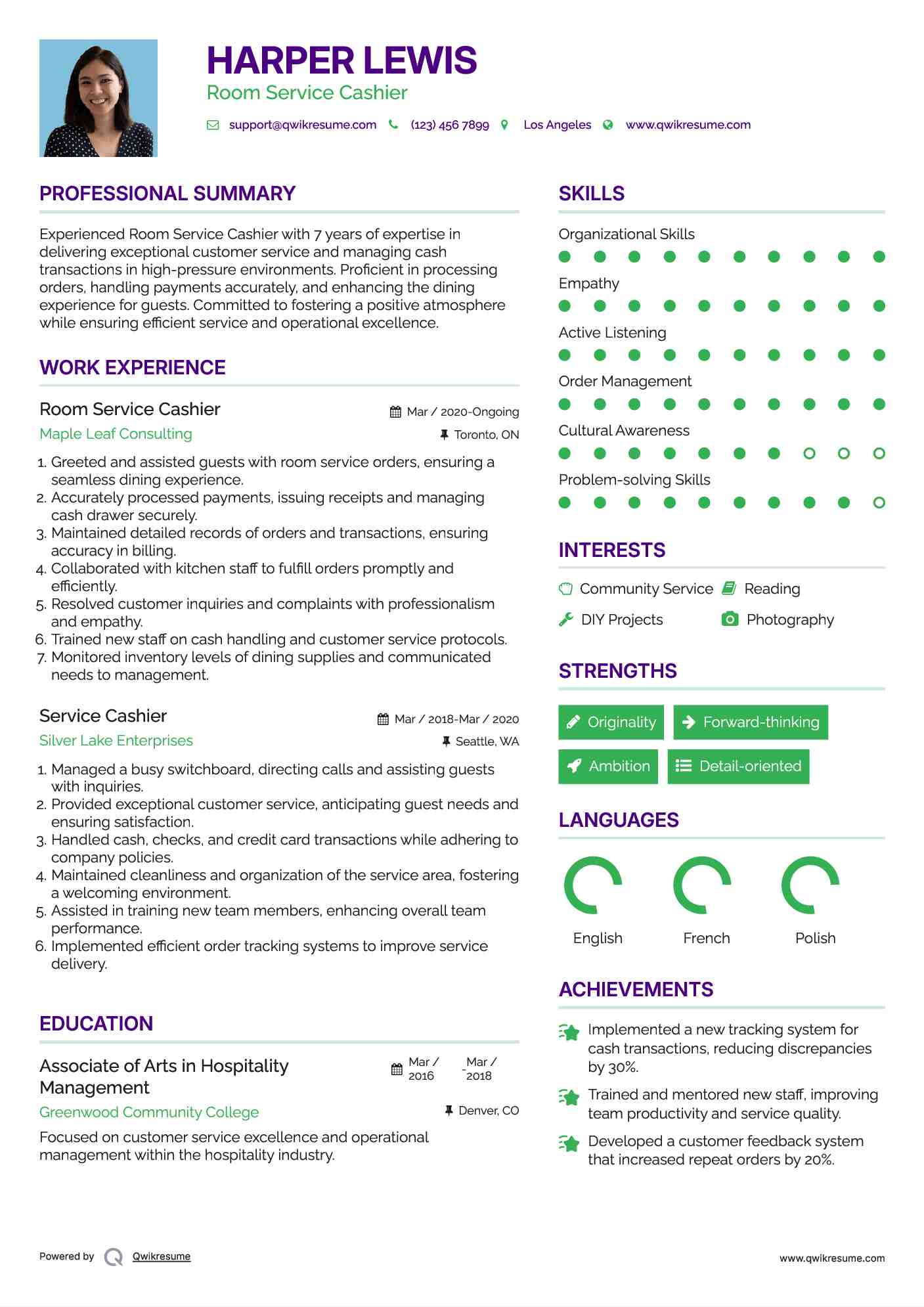 Room Service Cashier
 Resume Format