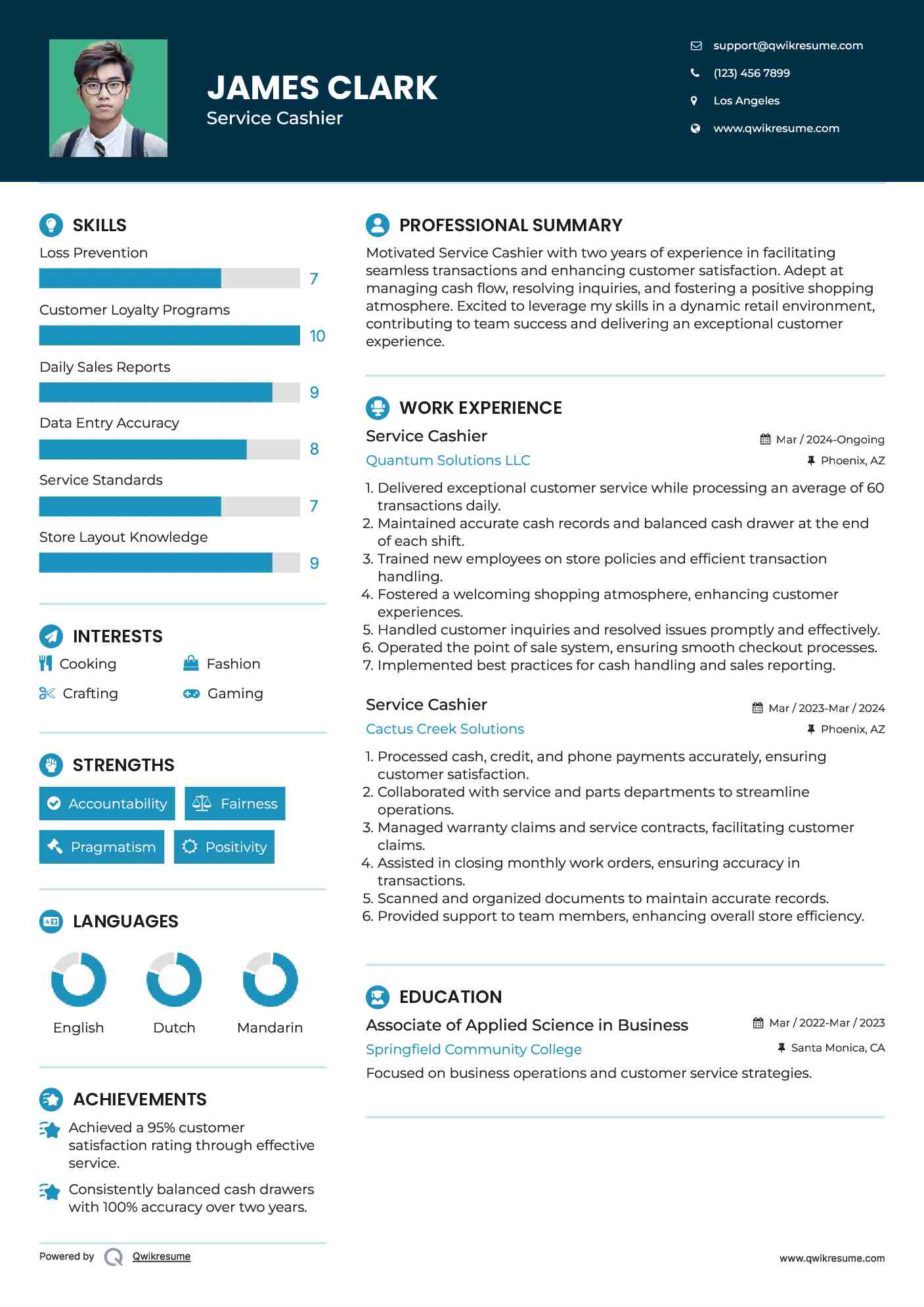 Service Cashier Resume Example