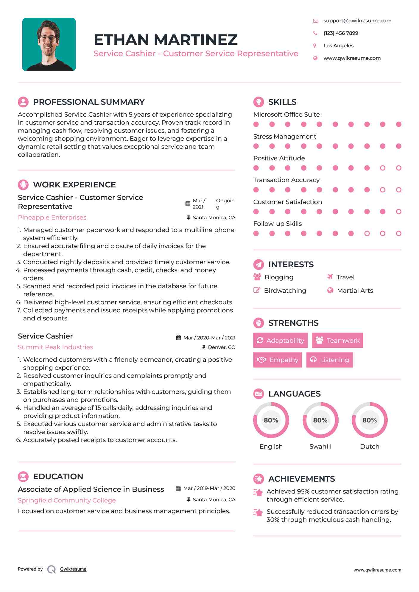 Service Cashier - Customer Service Representative Resume Format