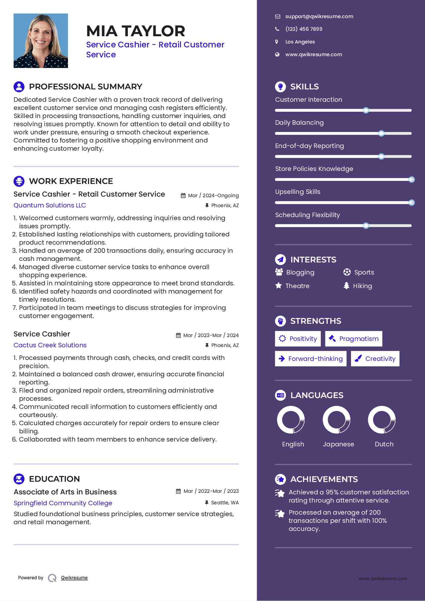 Service Cashier - Retail Customer Service Resume Format
