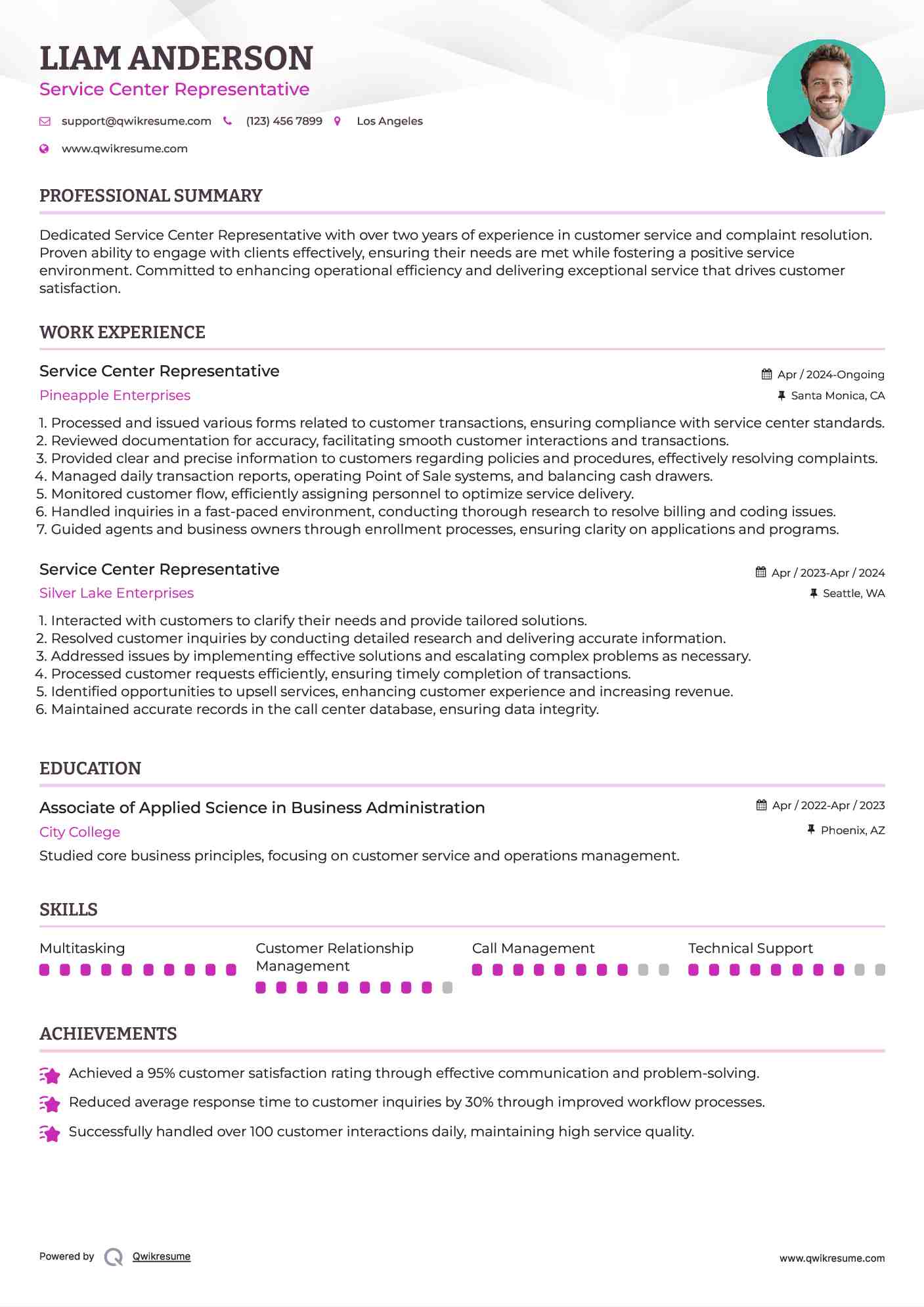 Service Center Representative Resume Format