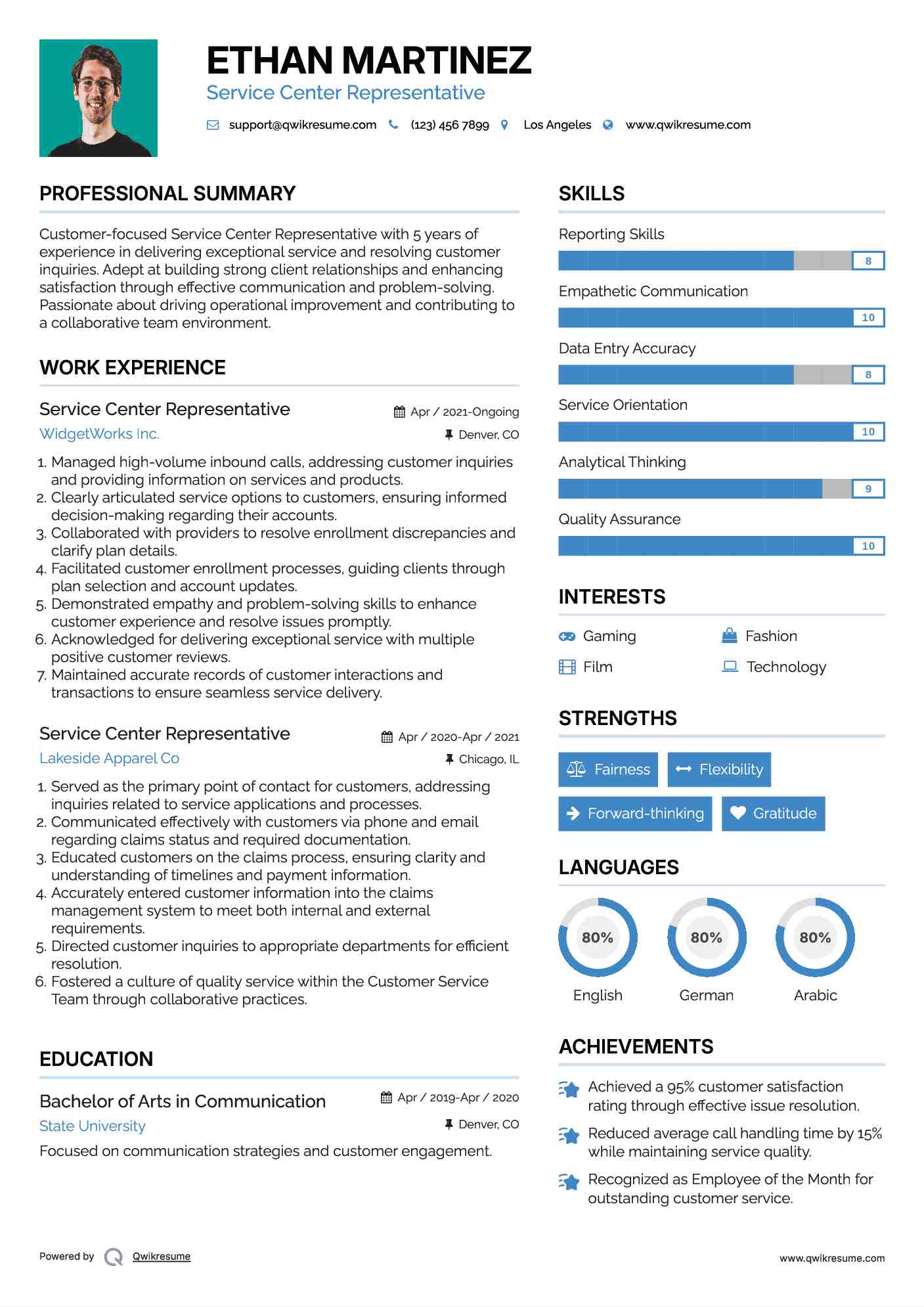 Service Center Representative Resume Sample