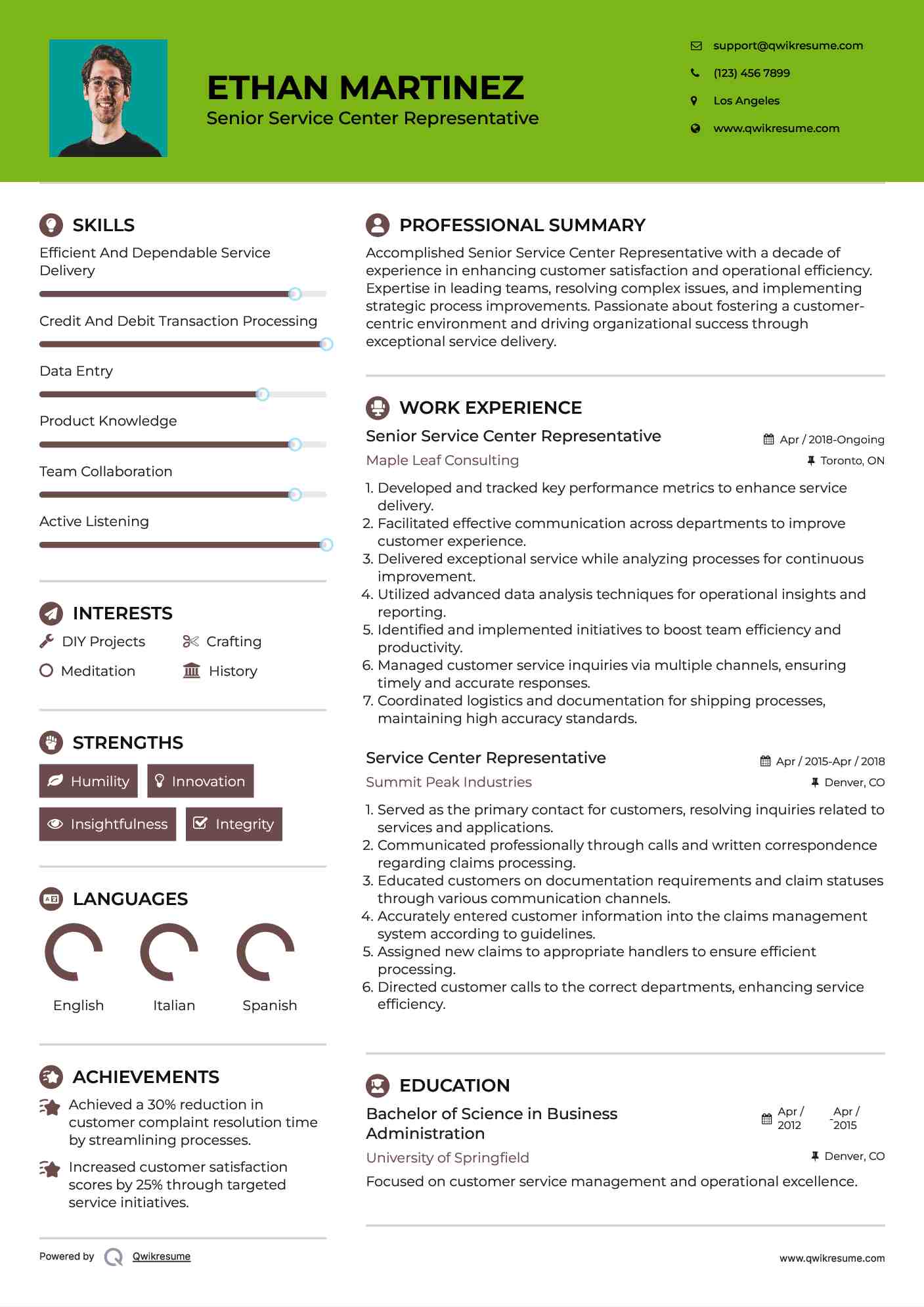 Senior Service Center Representative Resume Format