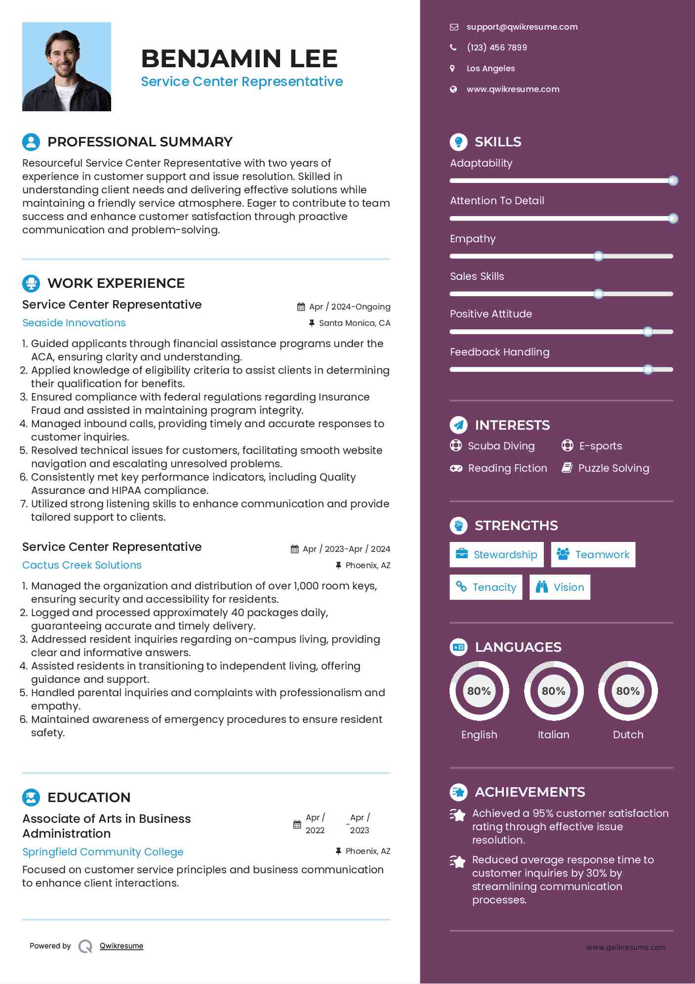 Service Center Representative Resume Template