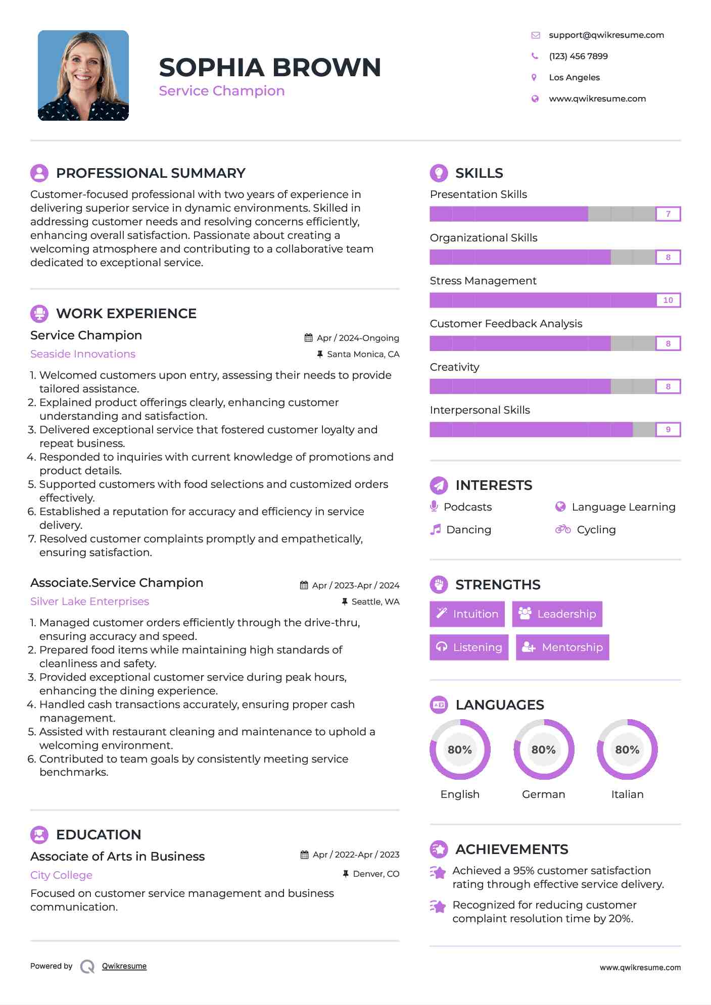 Service Champion Resume Format