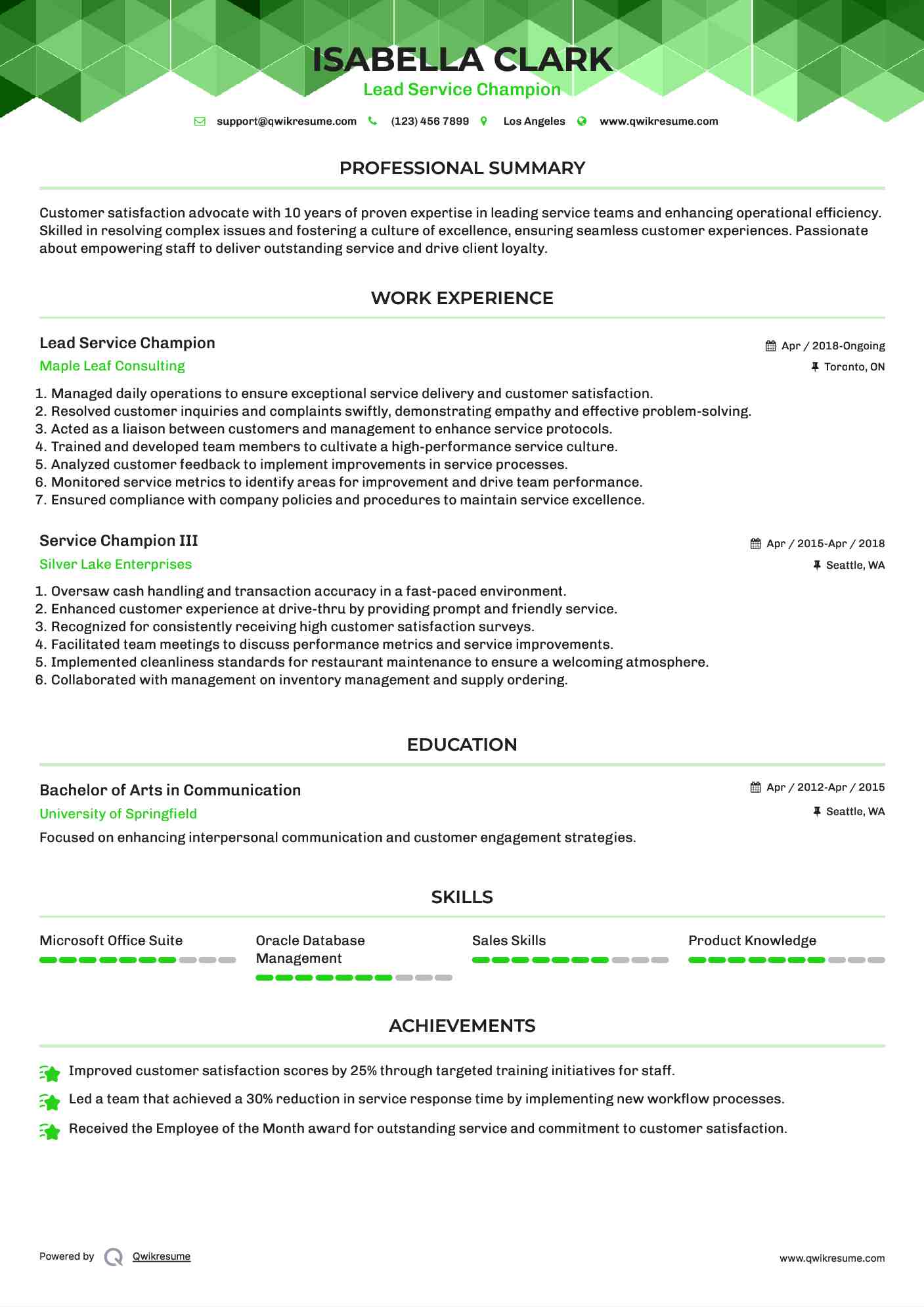 Lead Service Champion Resume Sample