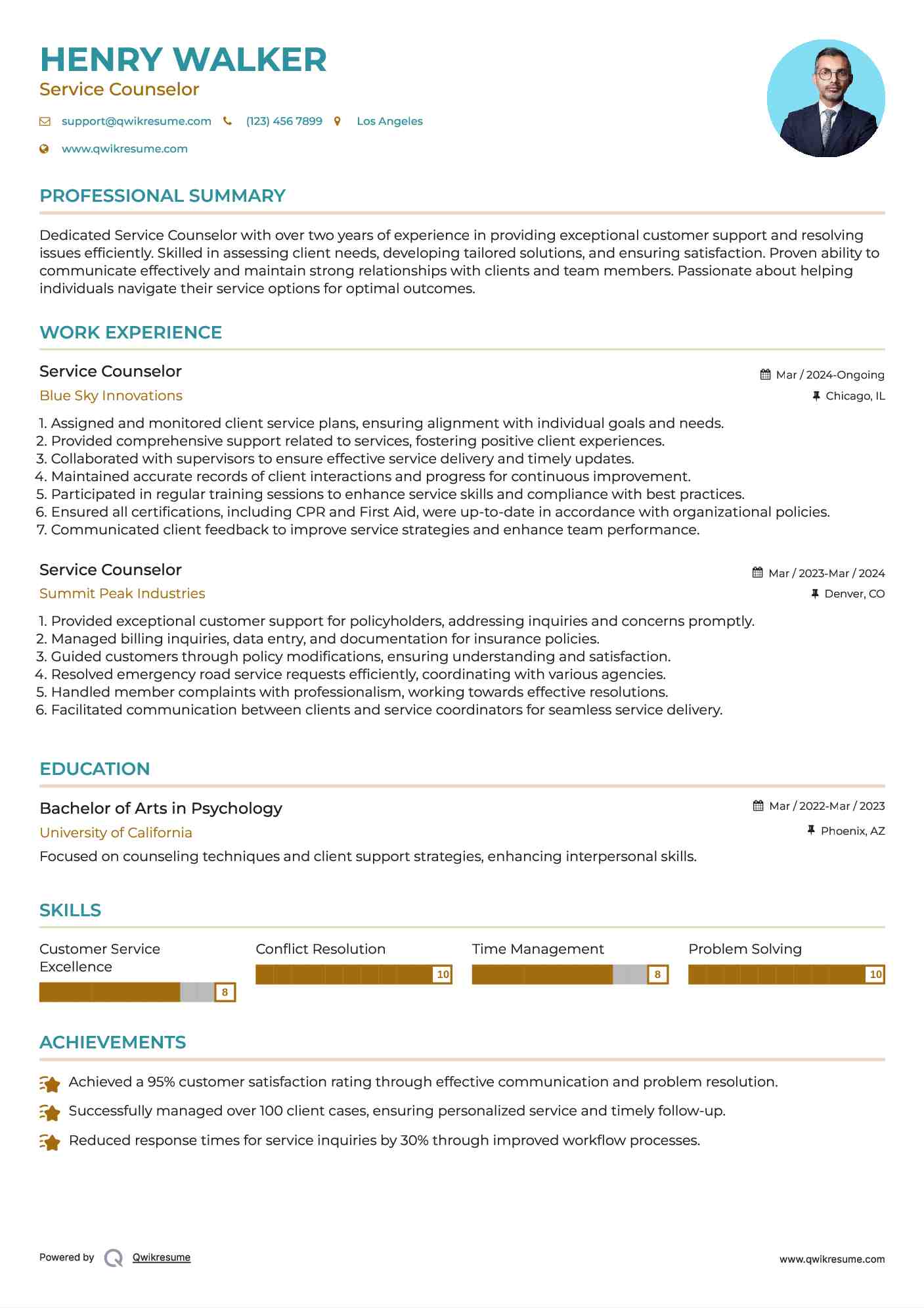 Service Counselor Resume Example
