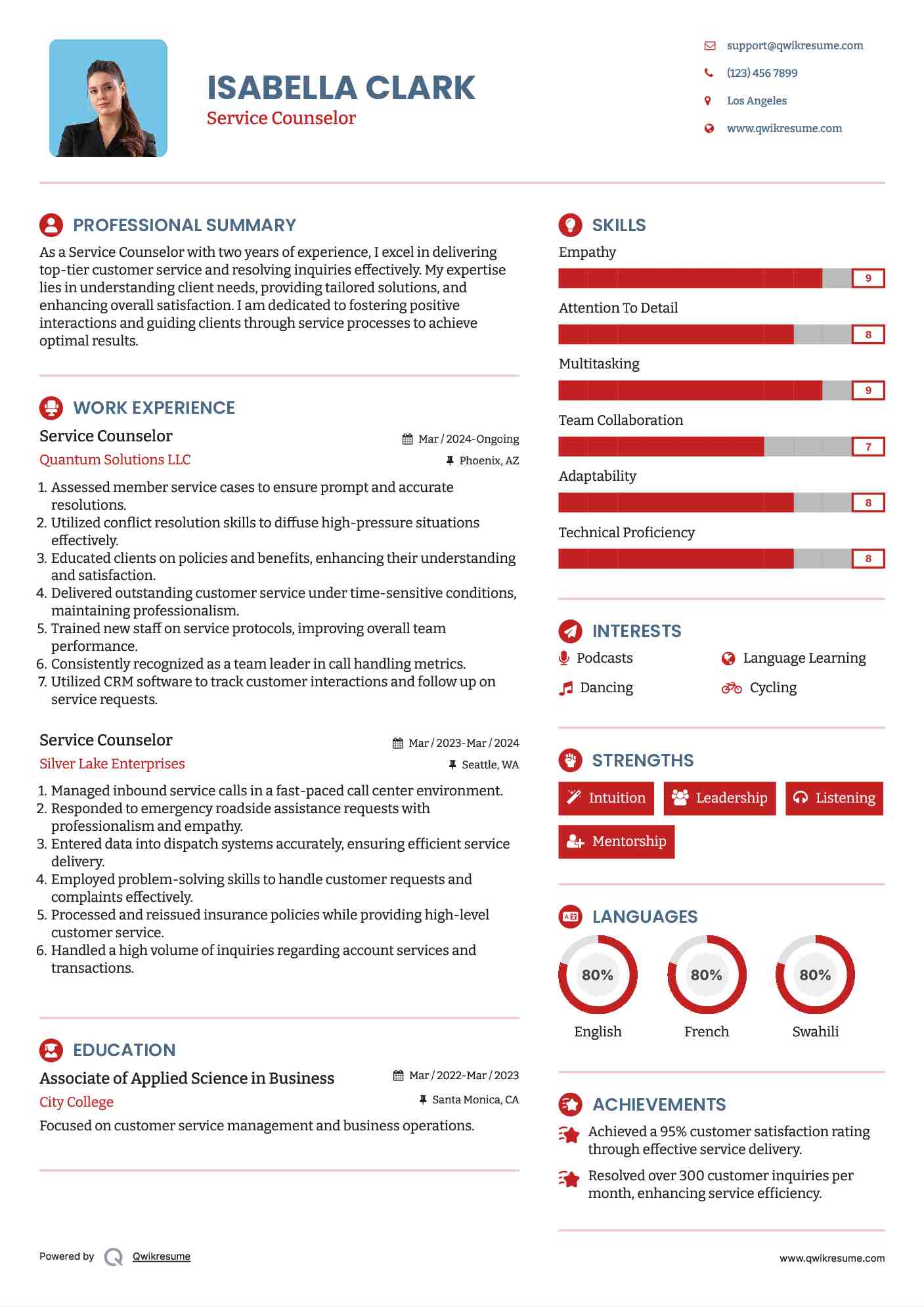 Service Counselor Resume Template