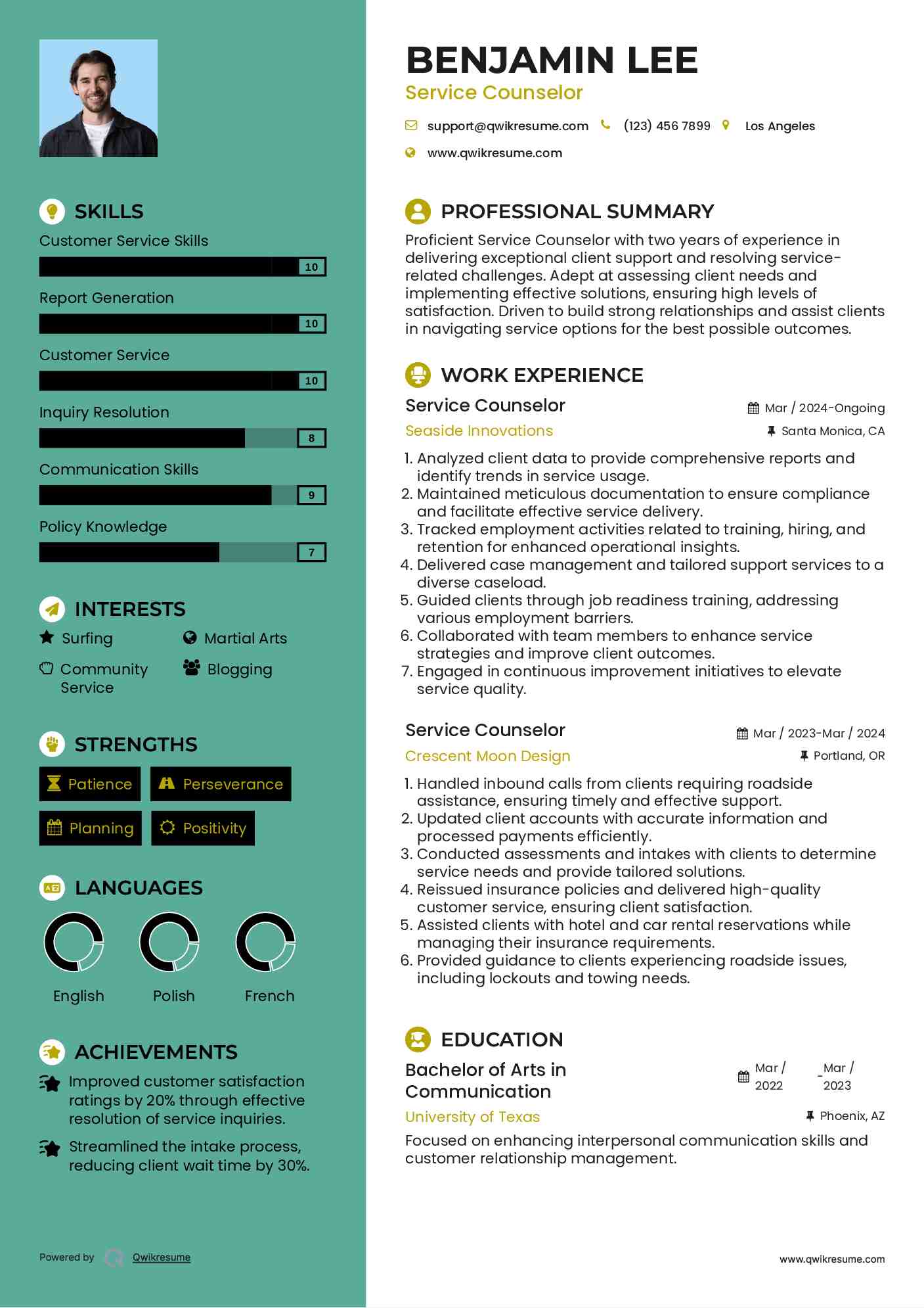 Service Counselor Resume Model
