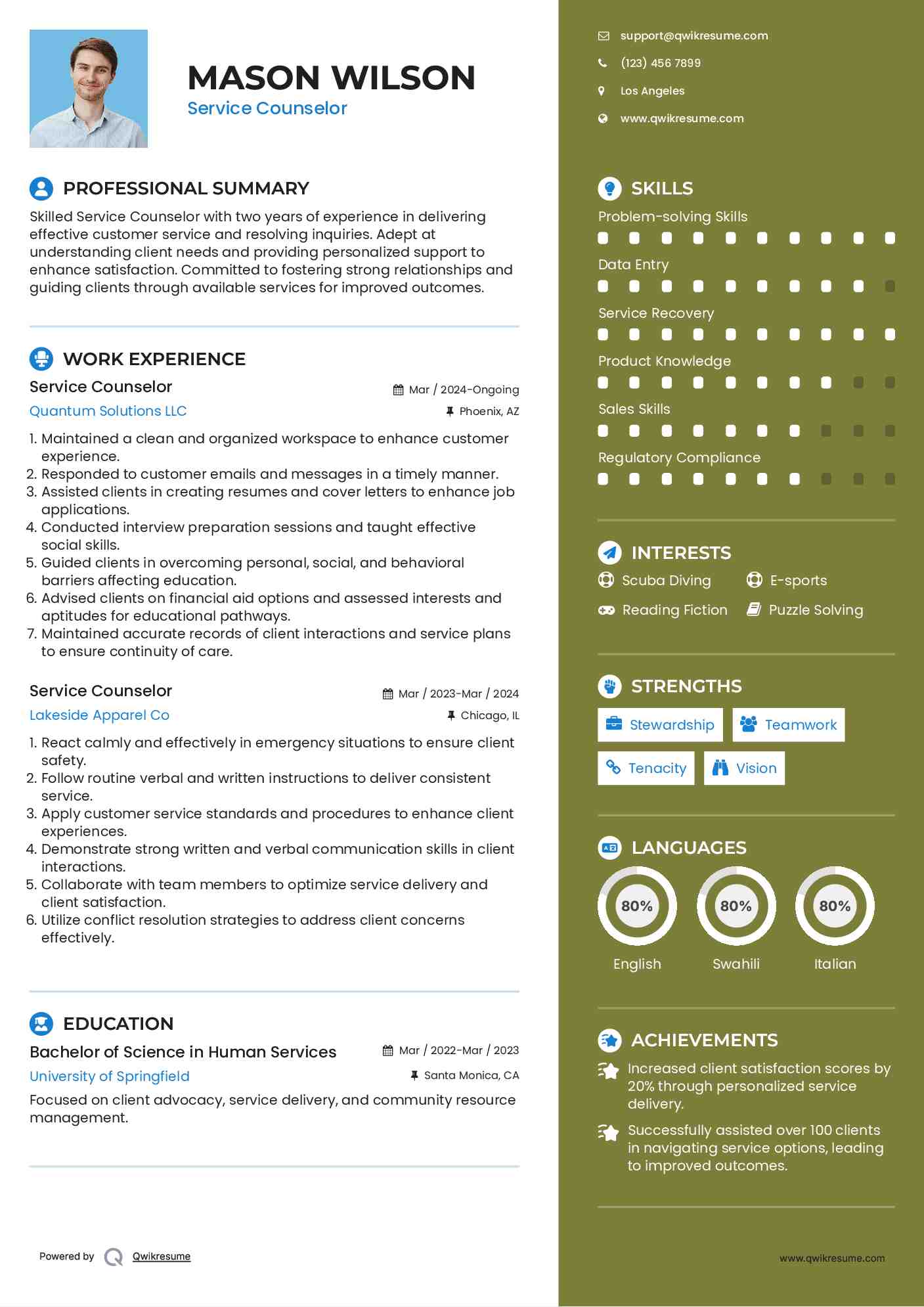 Service Counselor Resume Example