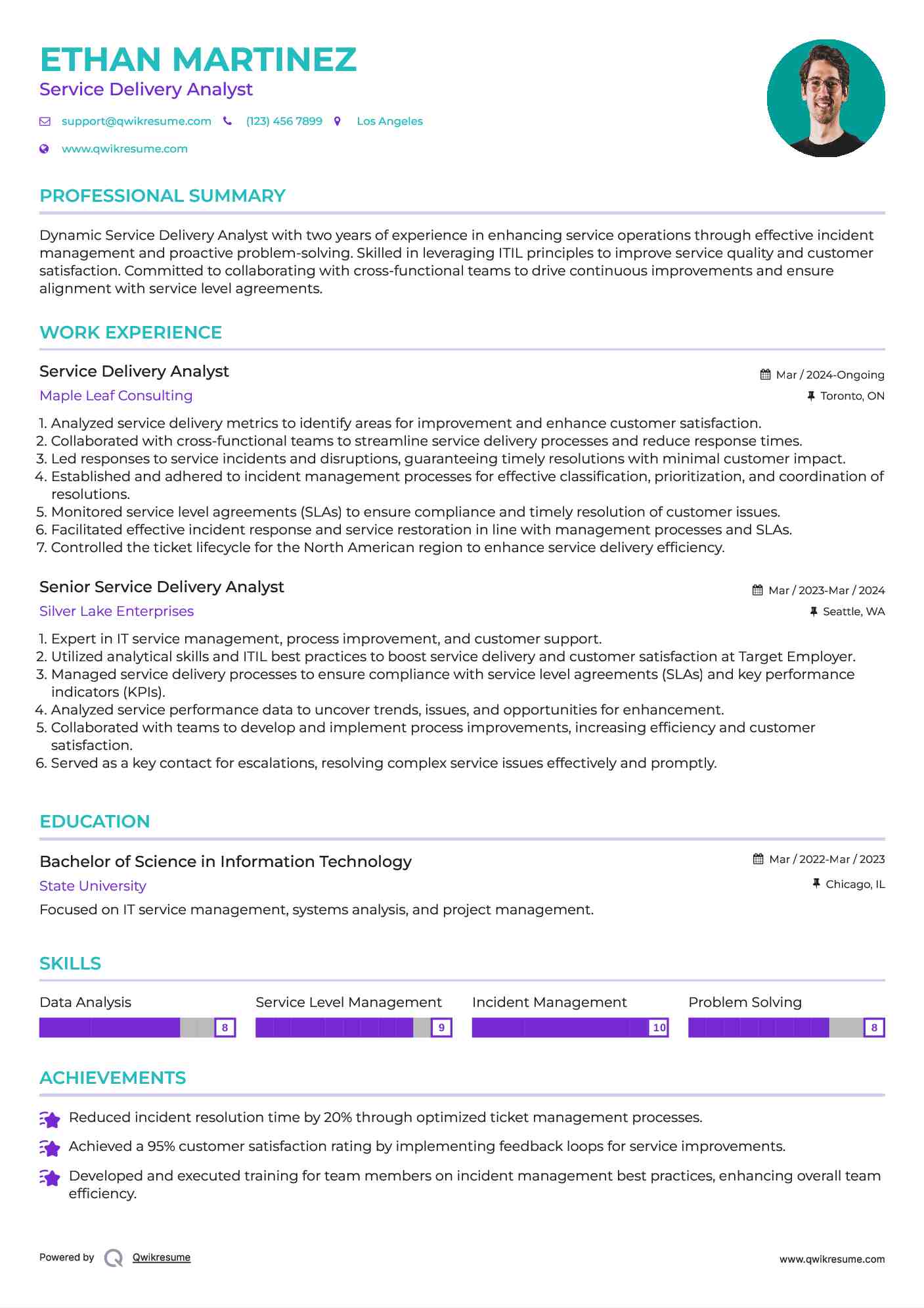 Service Delivery Analyst Resume Format