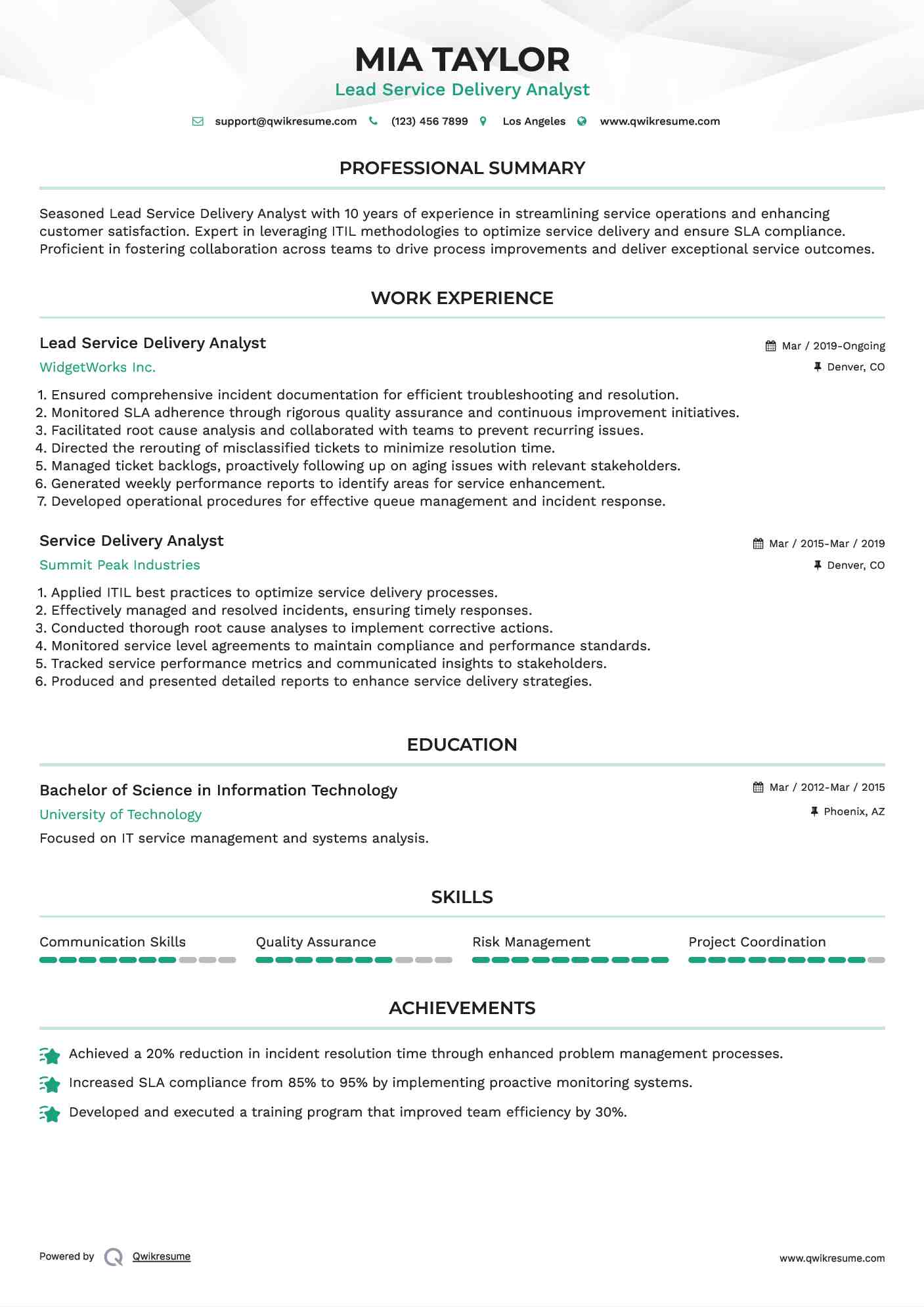Lead Service Delivery Analyst Resume Sample