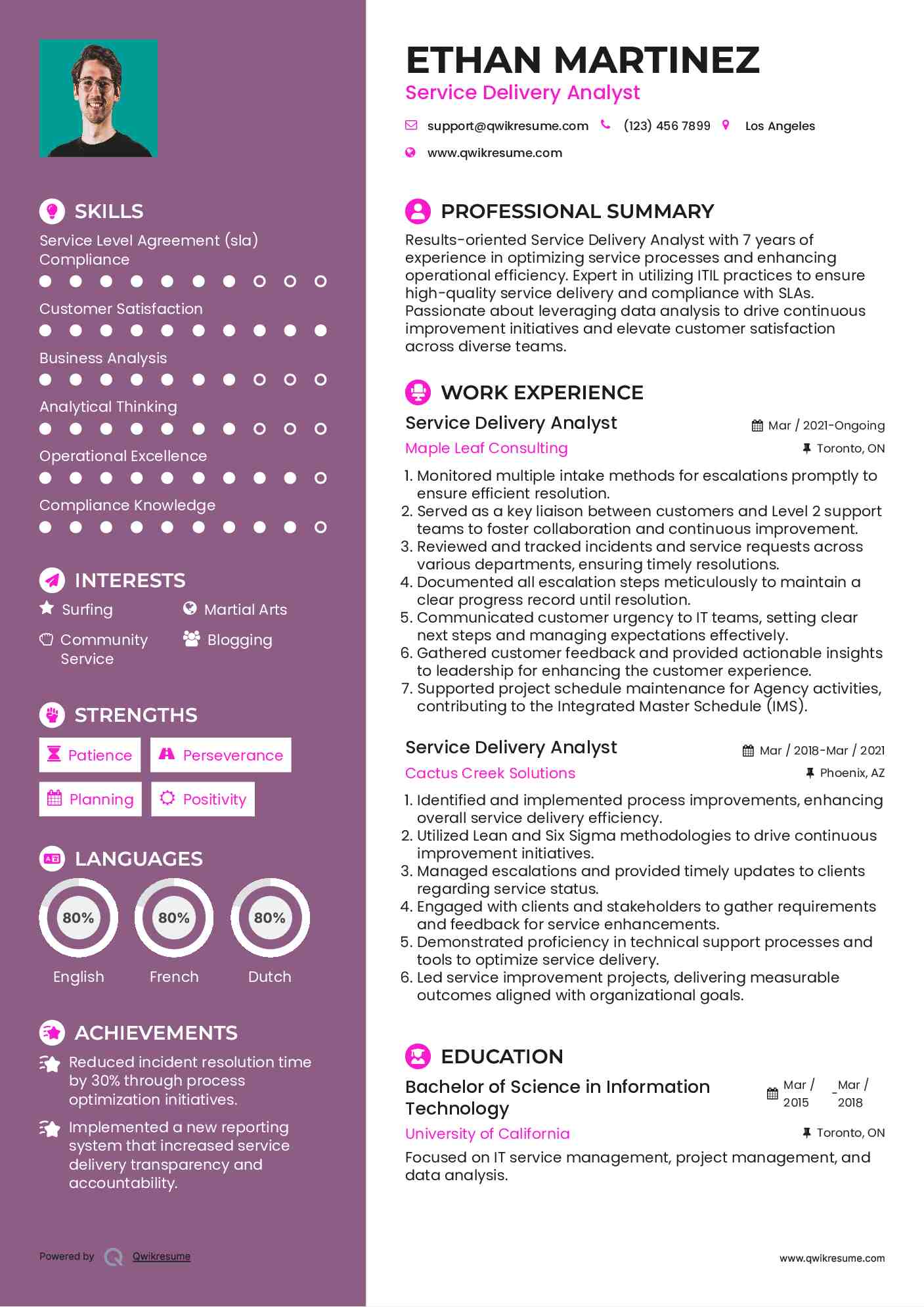 Service Delivery Analyst Resume Sample