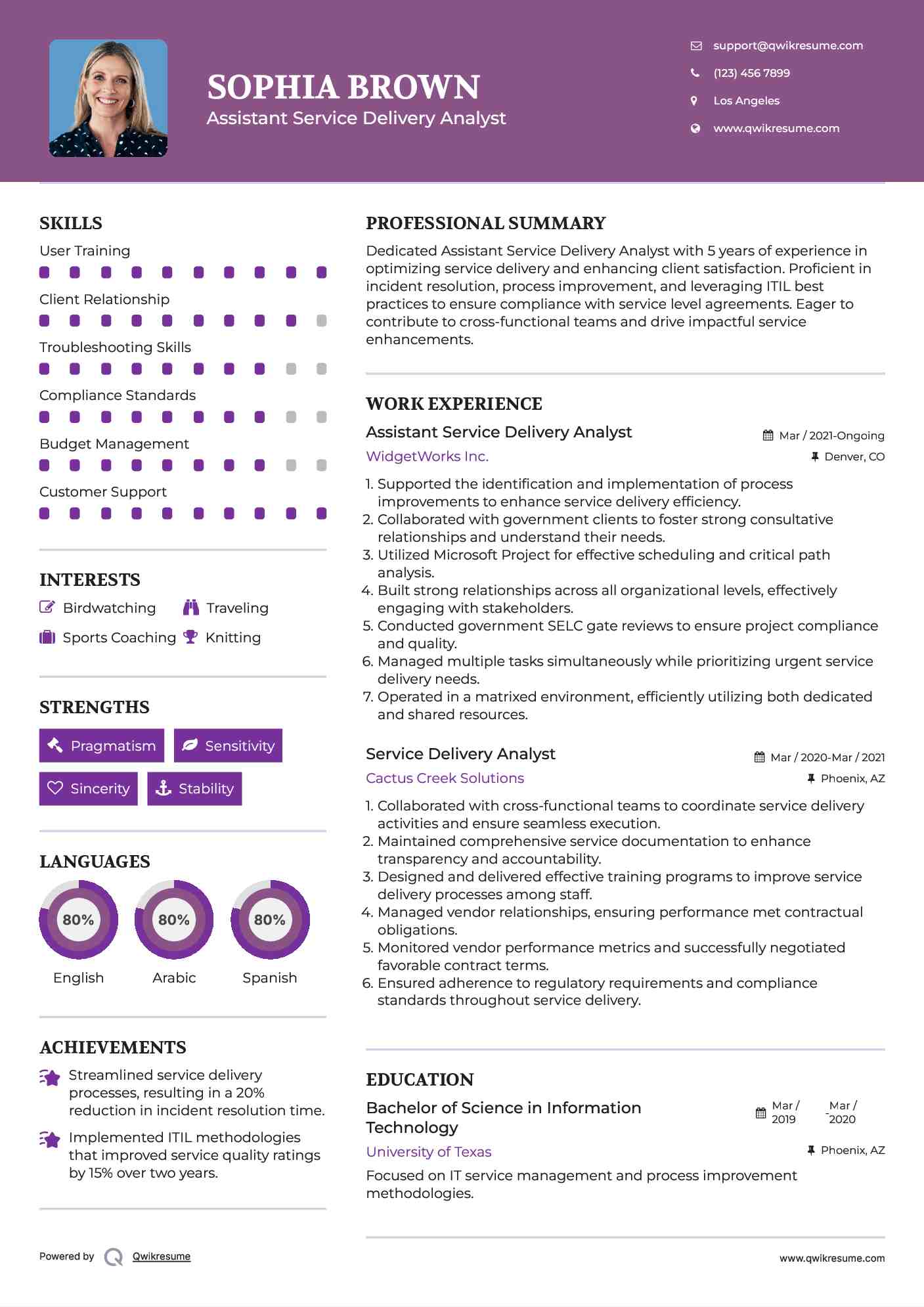 Assistant Service Delivery Analyst Resume Example