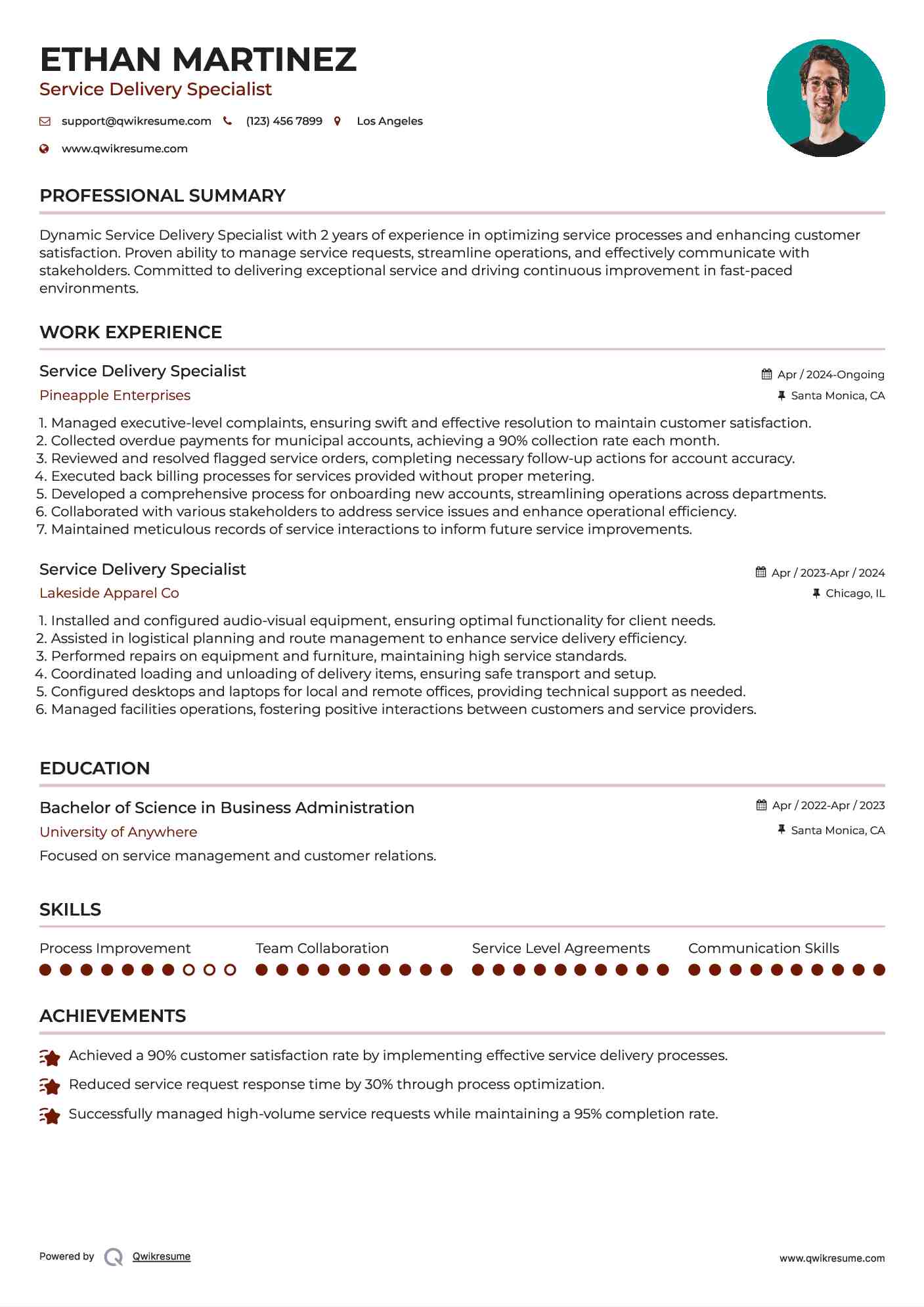 Service Delivery Specialist Resume Model