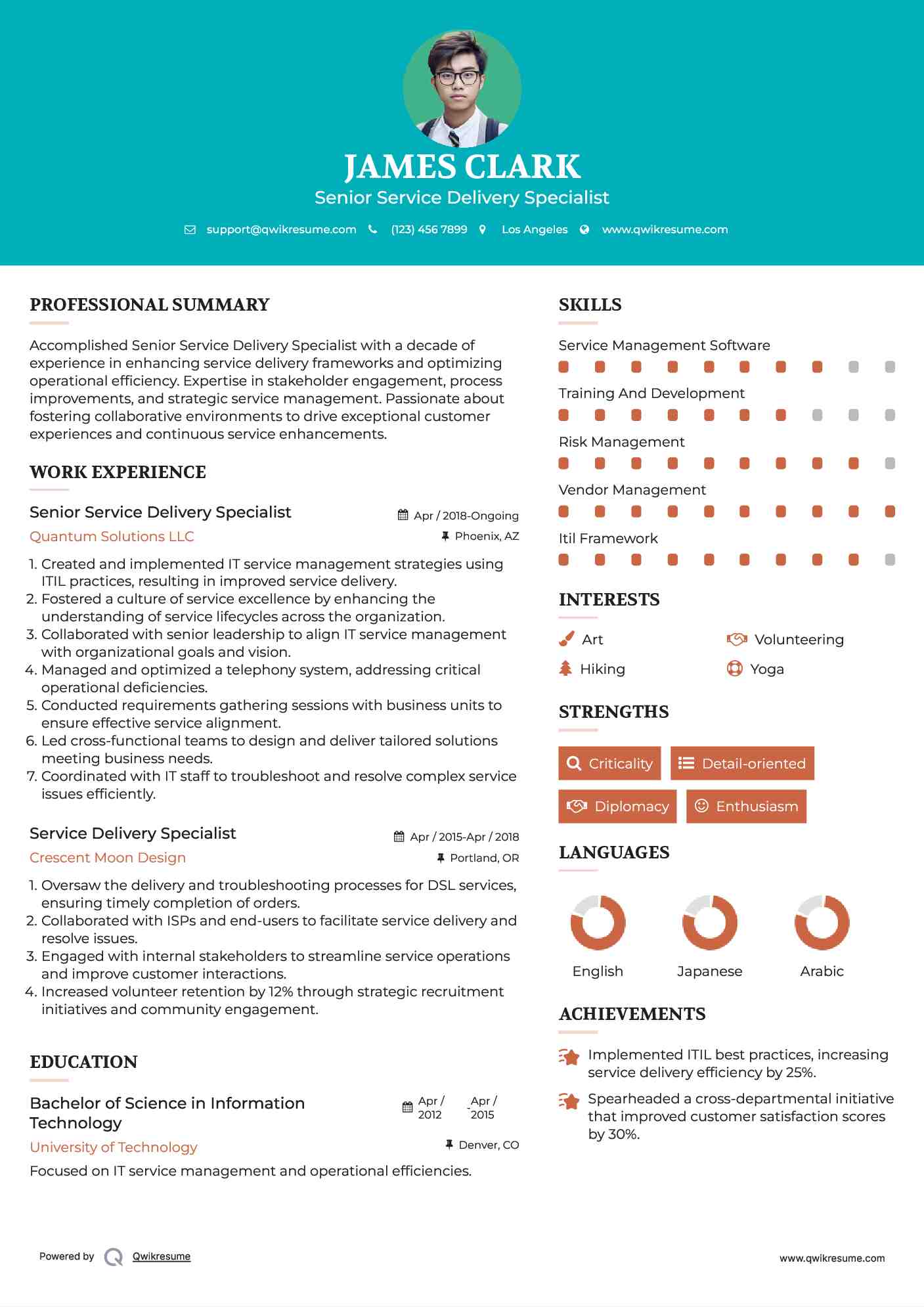 Senior Service Delivery Specialist Resume Example