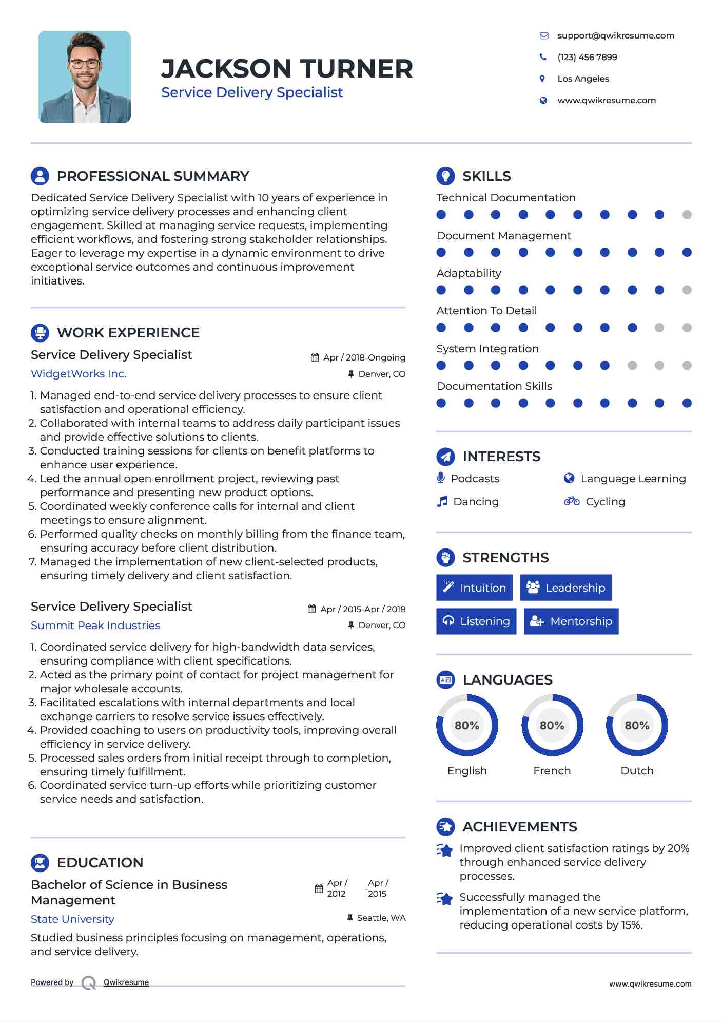 Service Delivery Specialist Resume Template