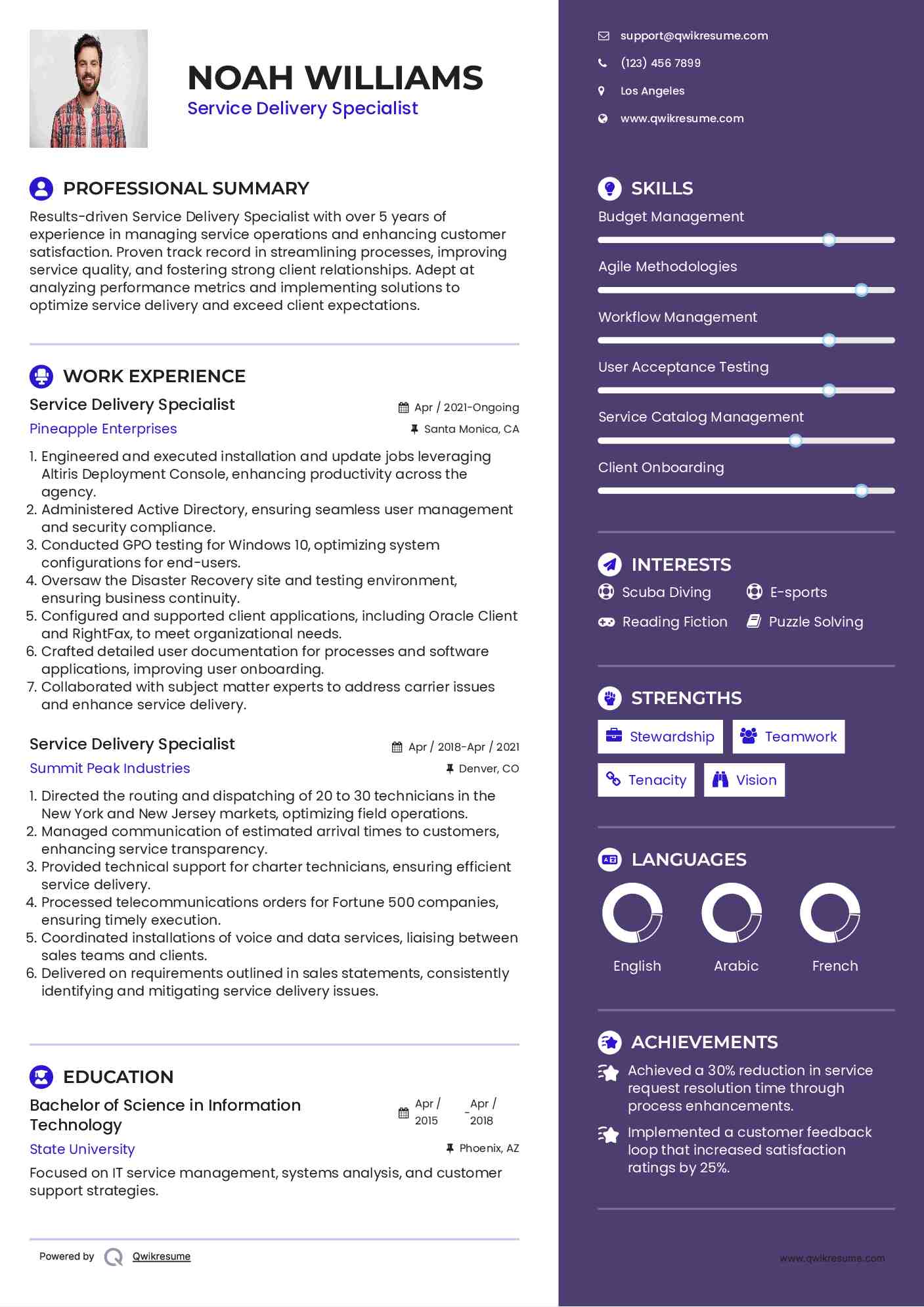 Service Delivery Specialist Resume Example