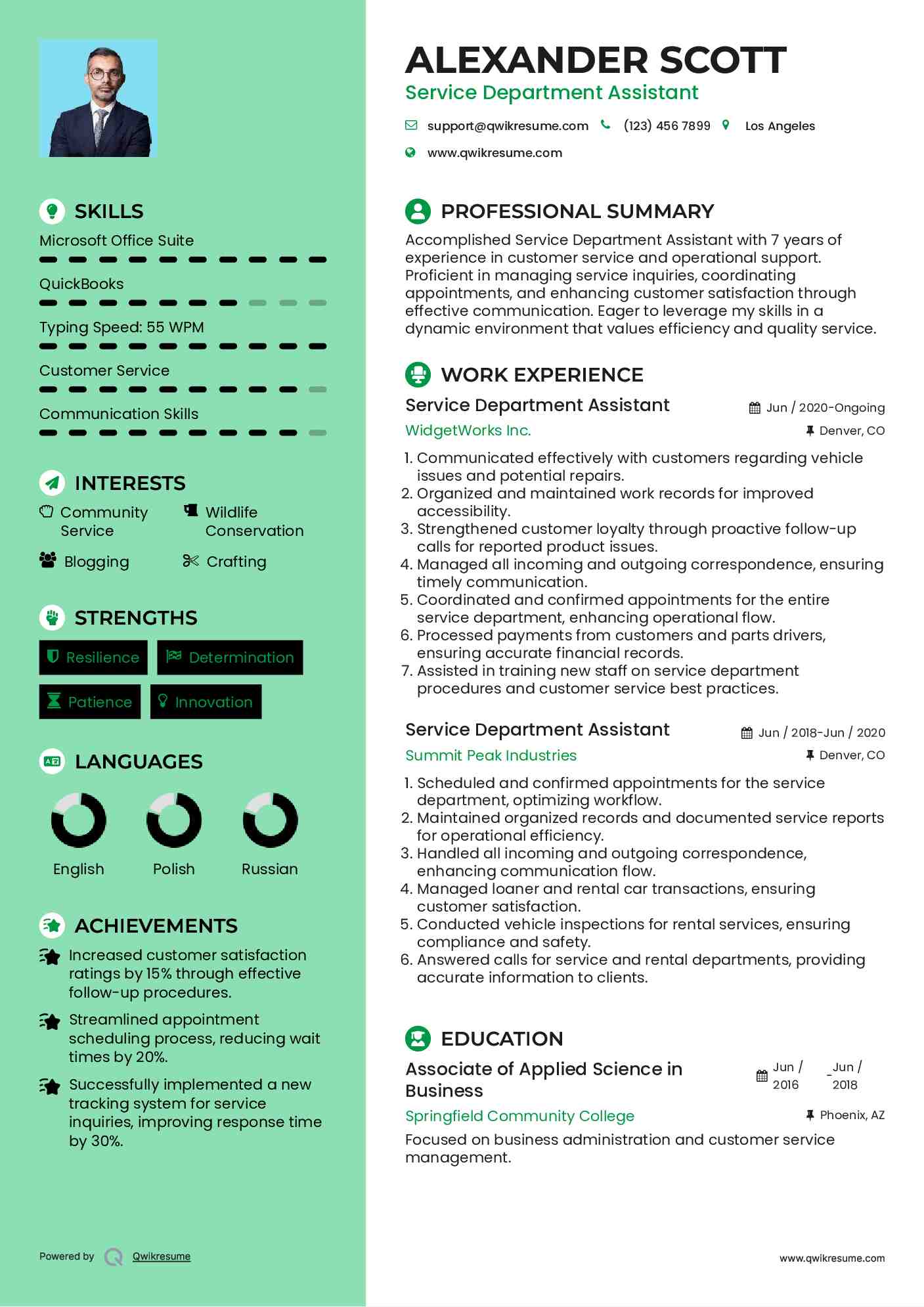 Service Department Assistant Resume Format