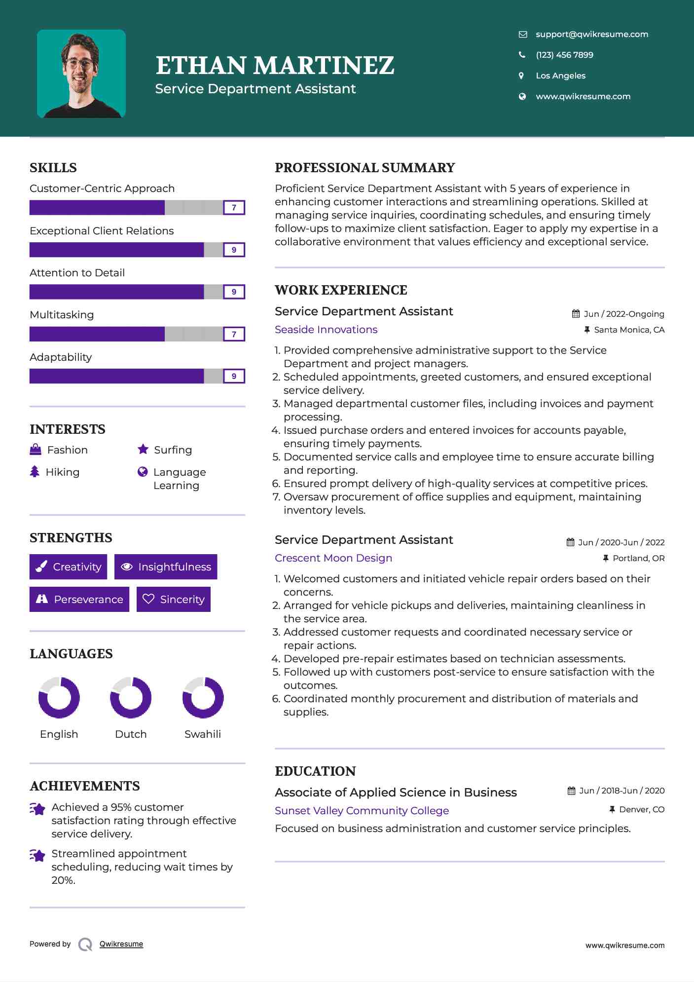 Service Department Assistant Resume Example