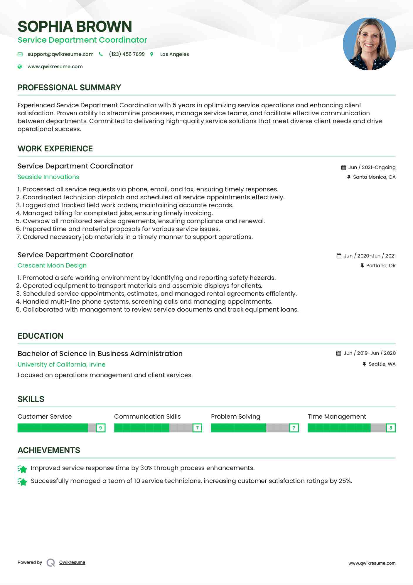 Service Department Coordinator Resume Format