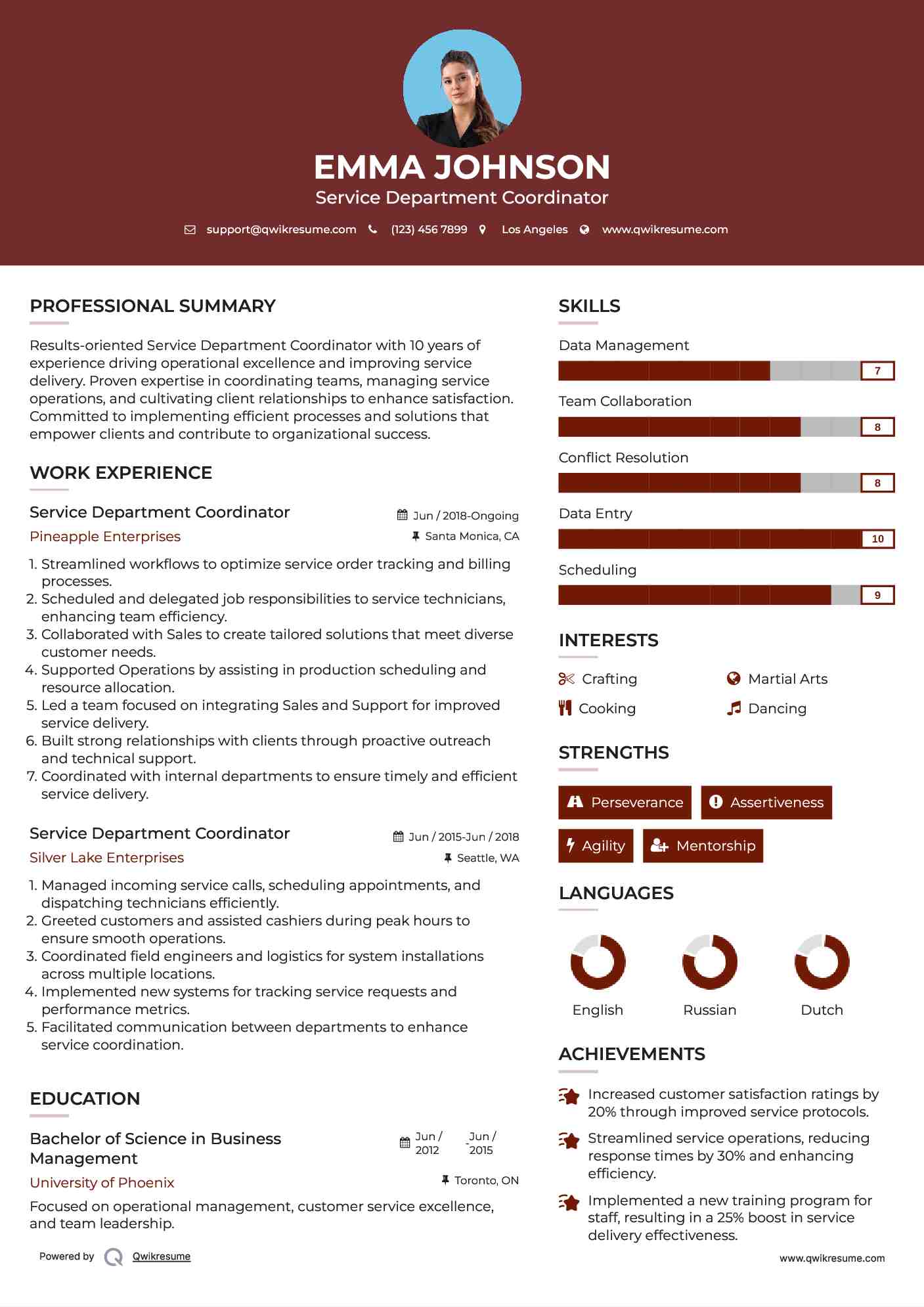 Service Department Coordinator Resume Template