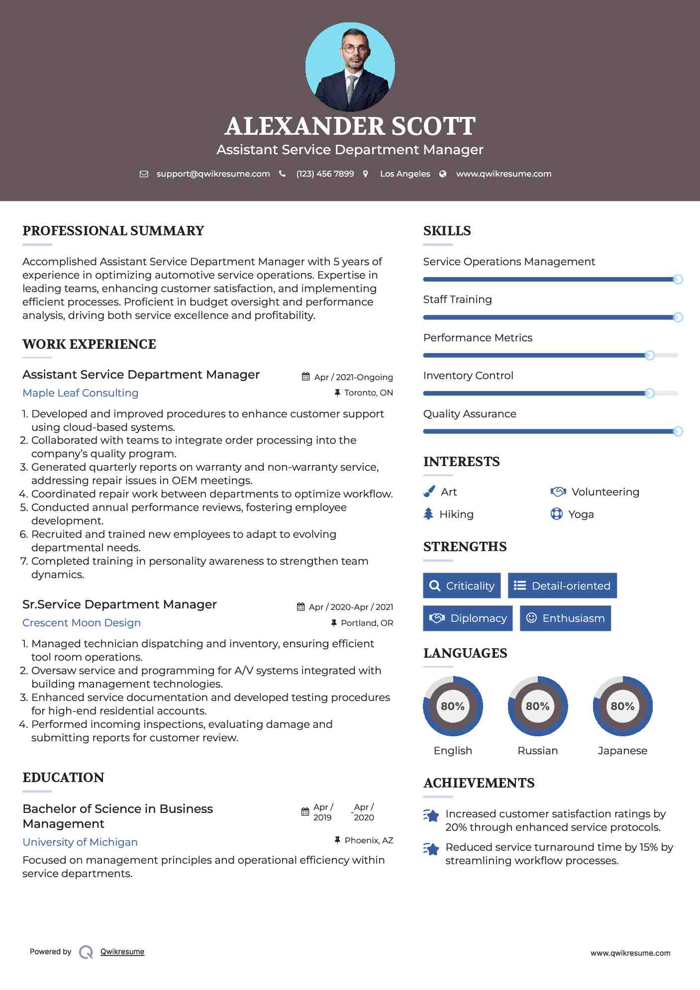 Assistant Service Department Manager Resume Sample