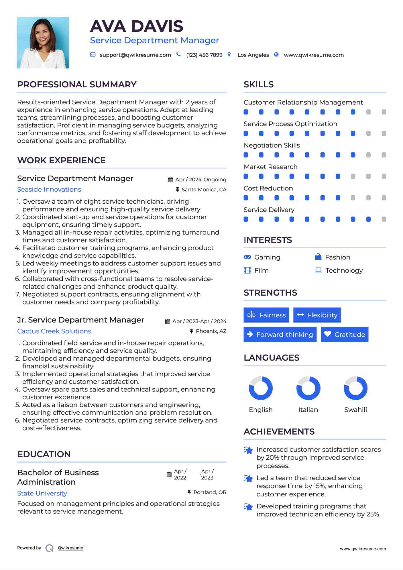Service Department Manager Resume Example