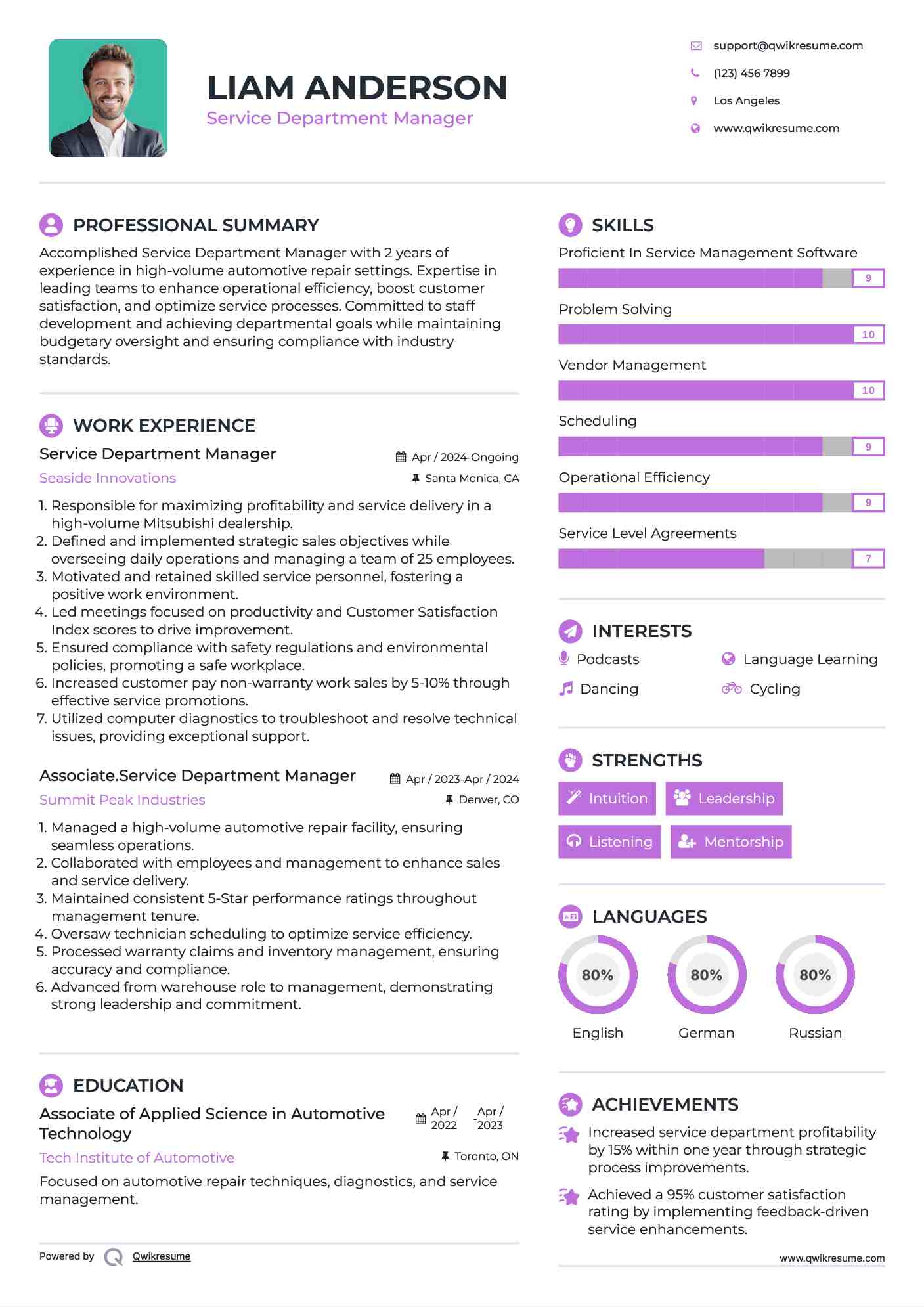 Service Department Manager Resume Model